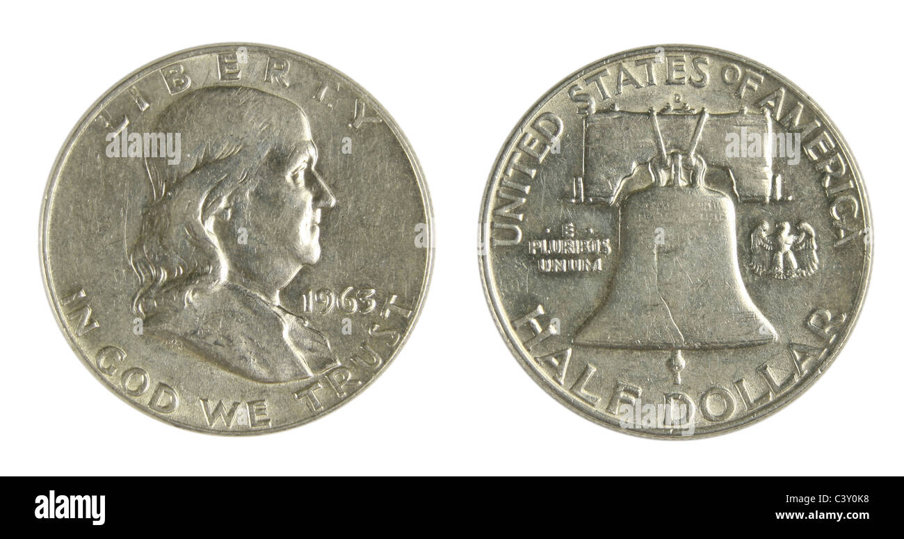 1963 Benjamin Franklin la moitié d'argent en dollars. Banque D'Images