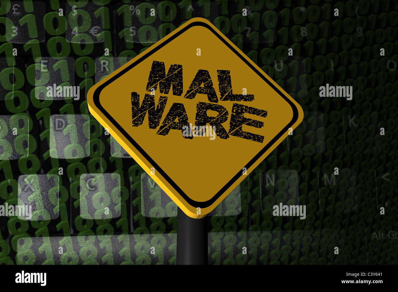 Panneau d'avertissement de malware sur un code binaire illustration Banque D'Images