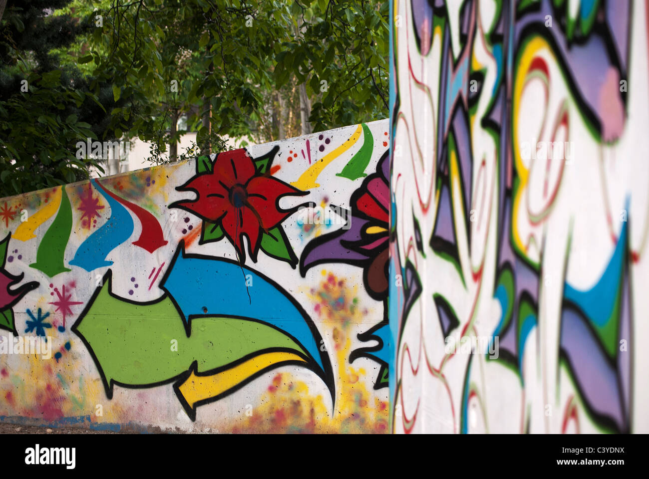Fleurs graffiti et des flèches à Valladolid, Espagne Banque D'Images