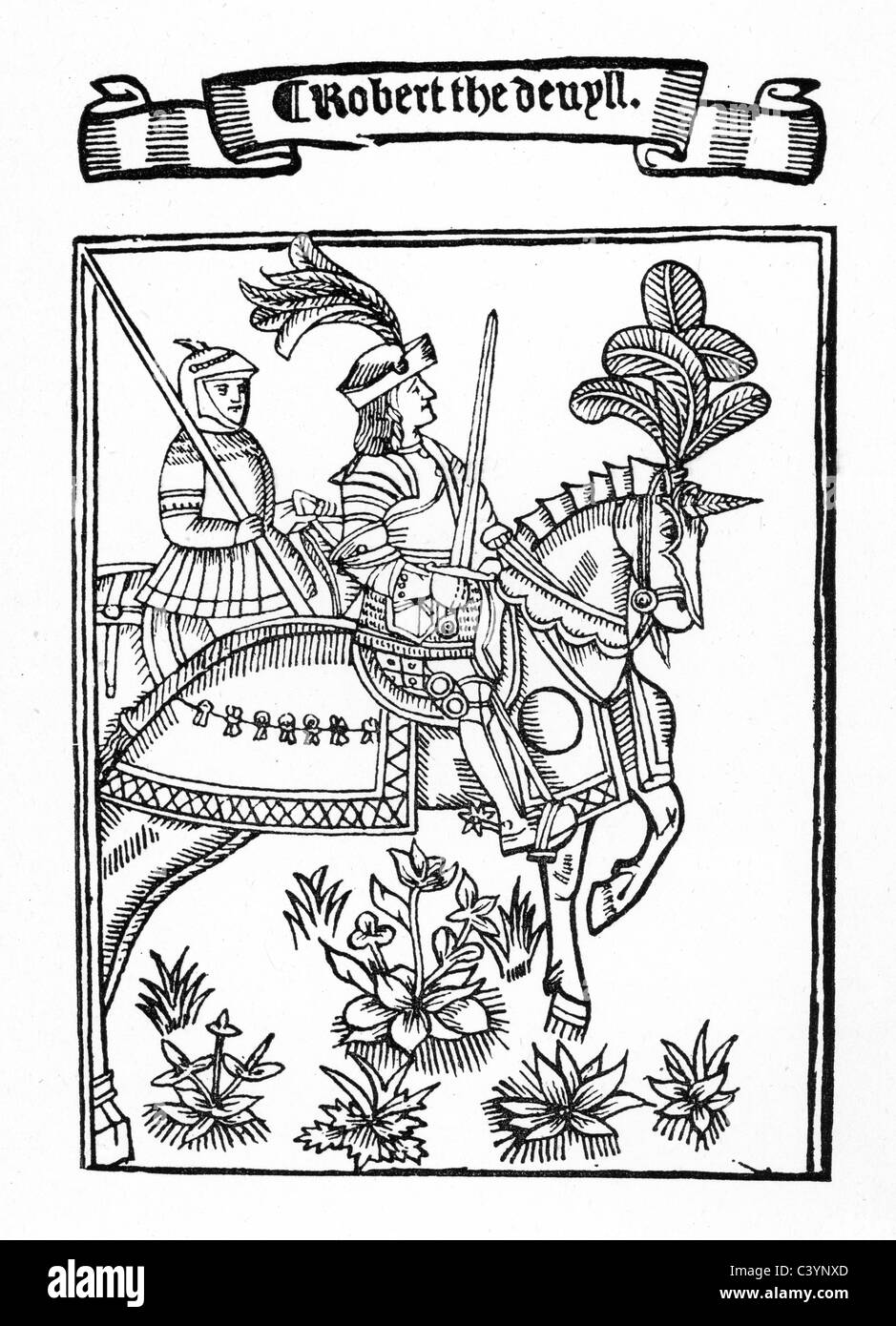 Xylographie médiévale montrant Robert le Diable, le port d'une suite d'armor et monté sur son cheval Banque D'Images