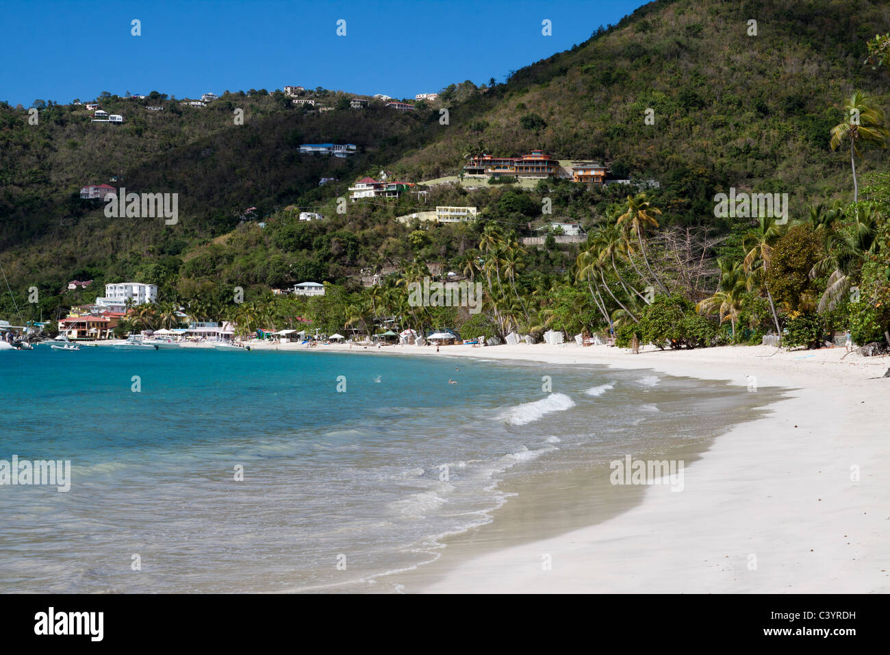 Scène idyllique de vagues se brisant sur la plage avec des palmiers et de belles maisons en flanc de Cane Garden Bay, dans les îles Vierges britanniques Banque D'Images