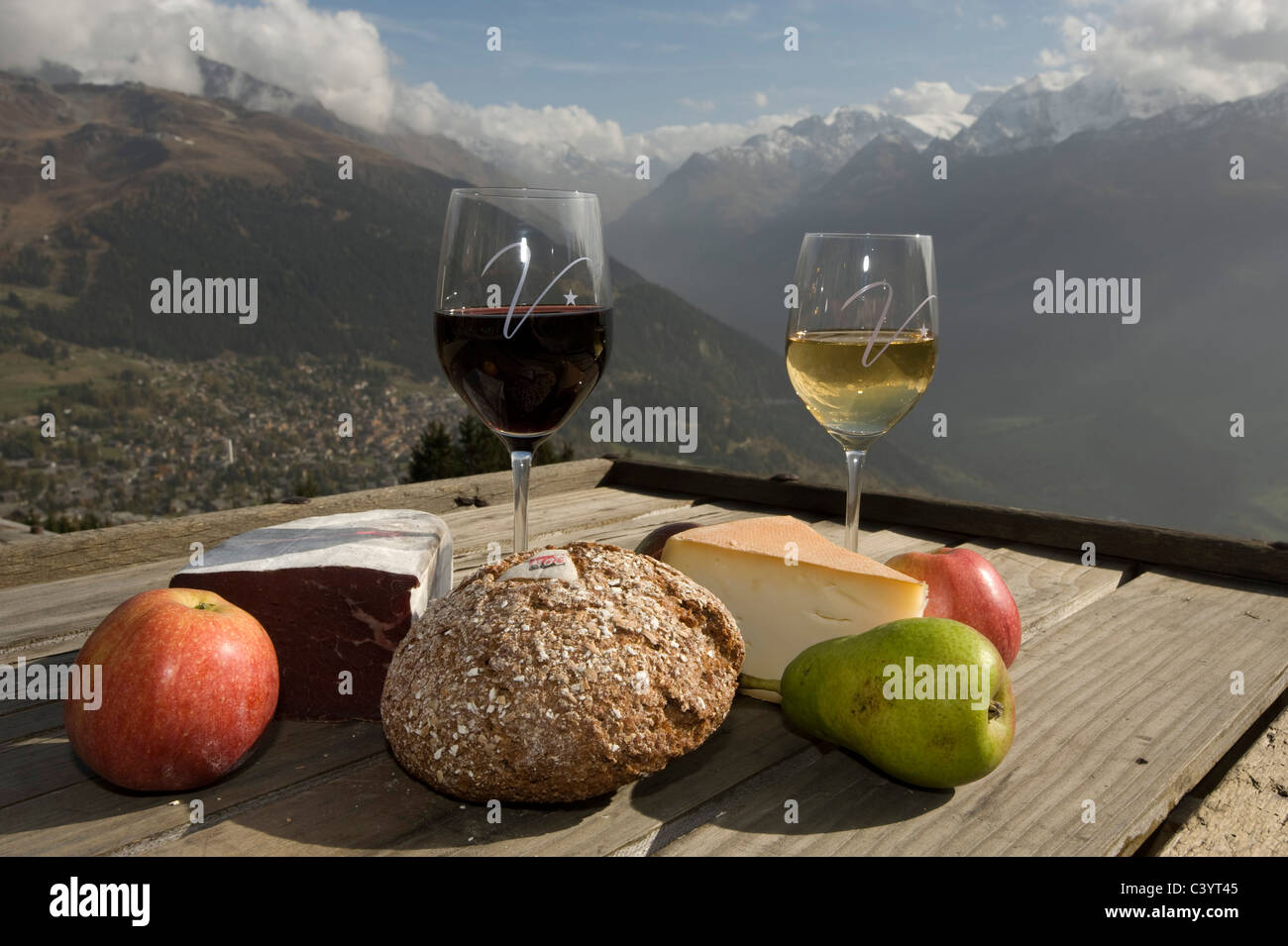 Verbier, Suisse, Valais, agrotourisme, agriculture, alimentation, manger, traditionnel, le fromage, la viande sèche, sèches, déshydratées, viandes, appl Banque D'Images