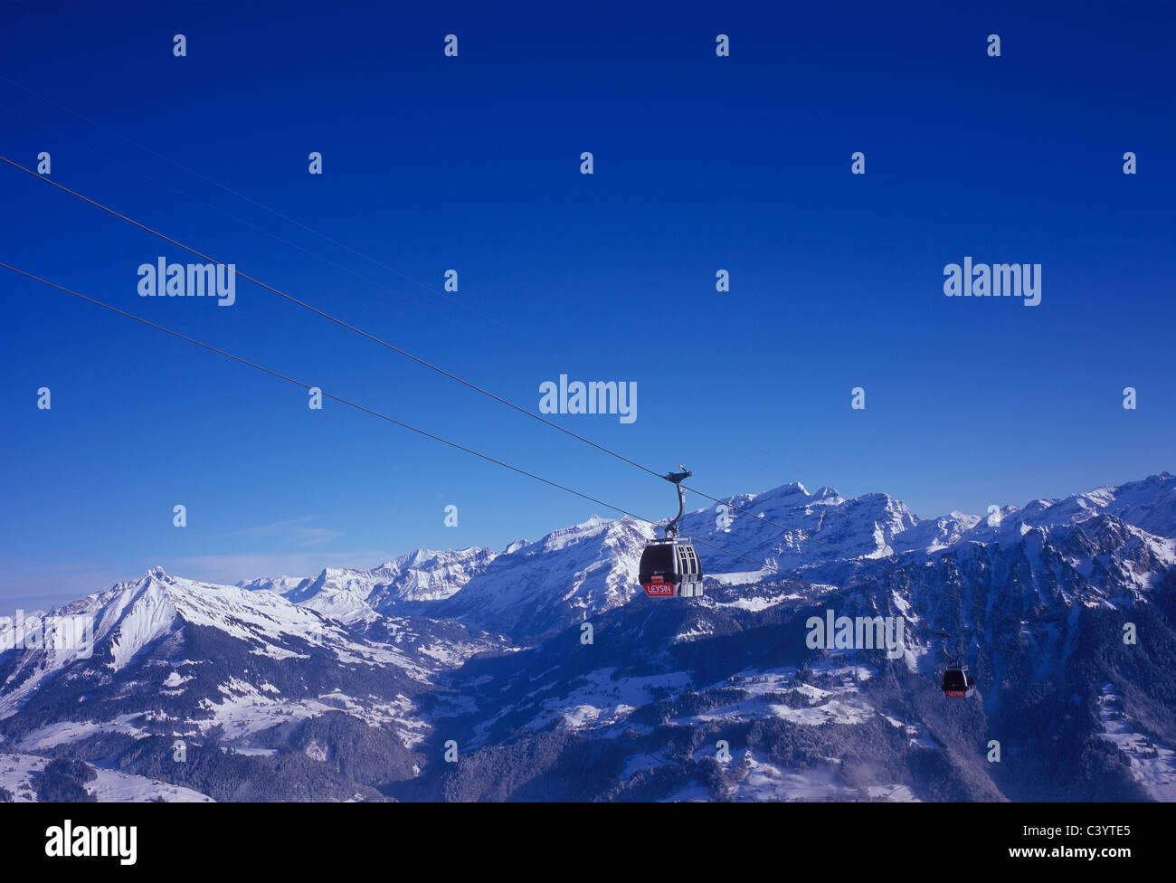 La Suisse, arbres, neige, nature, gondola road, montagnes, Leysin, la Berneuse, hiver, Vaud, Banque D'Images