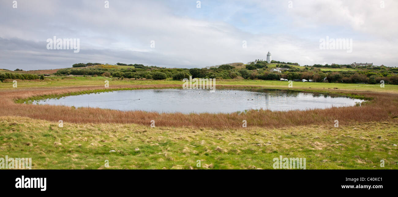 Grande piscine et le phare sur l'île de St Agnes dans les îles Scilly Banque D'Images