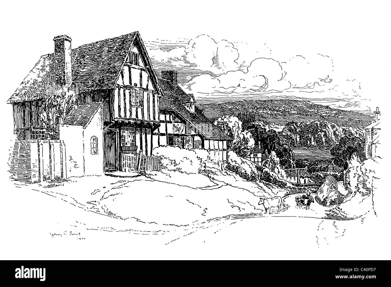 Cropthorne, Worcestershire - plume et encre illustration de 'Old English Country Cottages' par Charles Holme, 1906. Banque D'Images