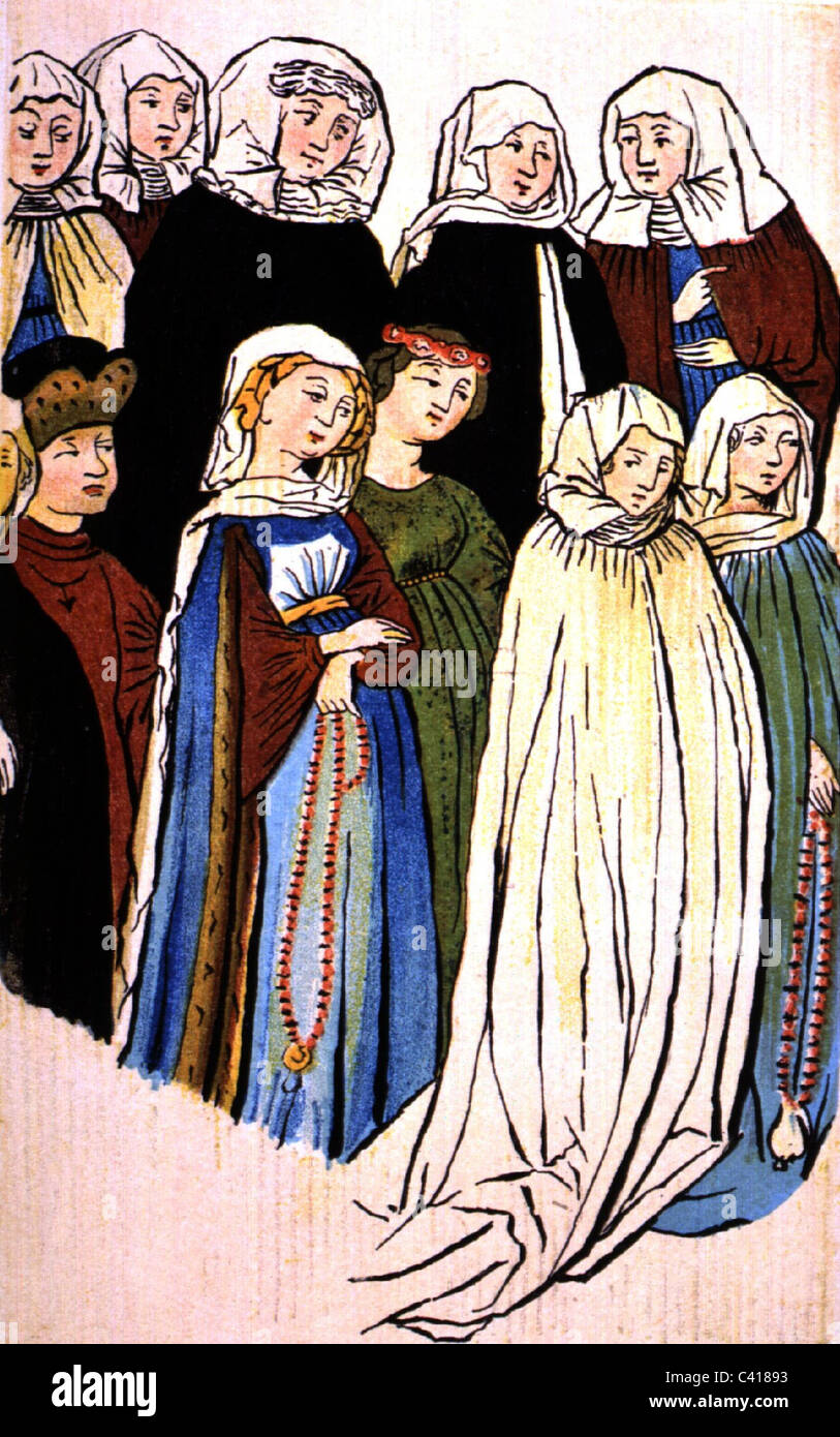 Mode, Moyen Age, Allemagne, femmes de la classe moyenne de Constance au  moment du Conseil (1414-1418), illumination de la chronique de Richental,  mode des dames, Richenthal, médiéval, médiéval, foulard, foulard, foulard,  foulards,