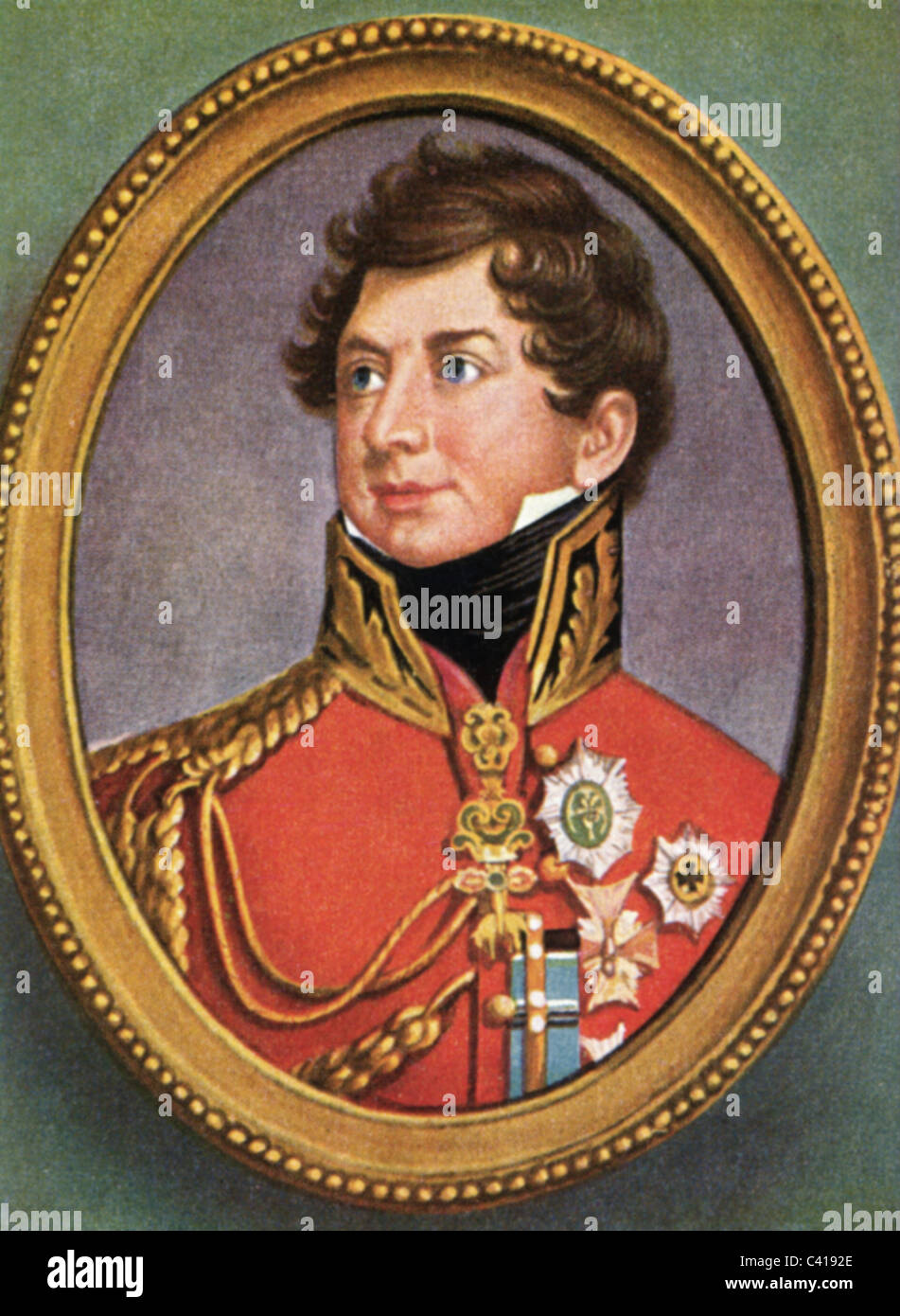 George IV, 12.8.1762 - 26.6.1830, roi de Grande-Bretagne 29.1.1820 - 26.6.1830, portrait, imprimé couleur après miniature, début du XIXe siècle, carte à cigarettes, Allemagne, 1933, , Banque D'Images