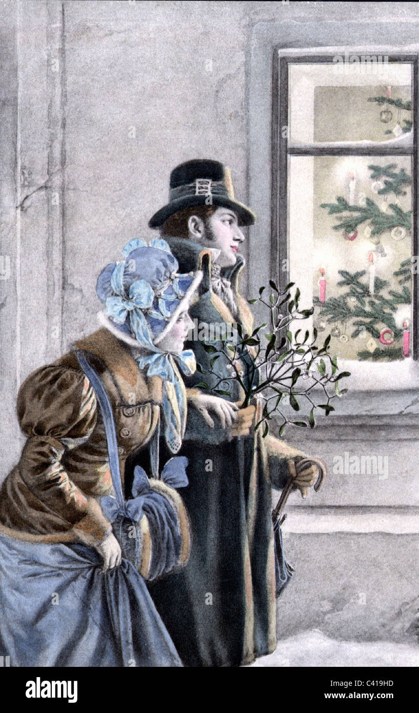 Noël, couple avec GUI regardant un arbre de Noël derrière une fenêtre,  carte postale, 1905, mode, vers 1900, chapeau, chapeaux, hiver, neige, 20e  siècle, historique, historique, homme, femme, muff, 1900, nostalgie, gens,