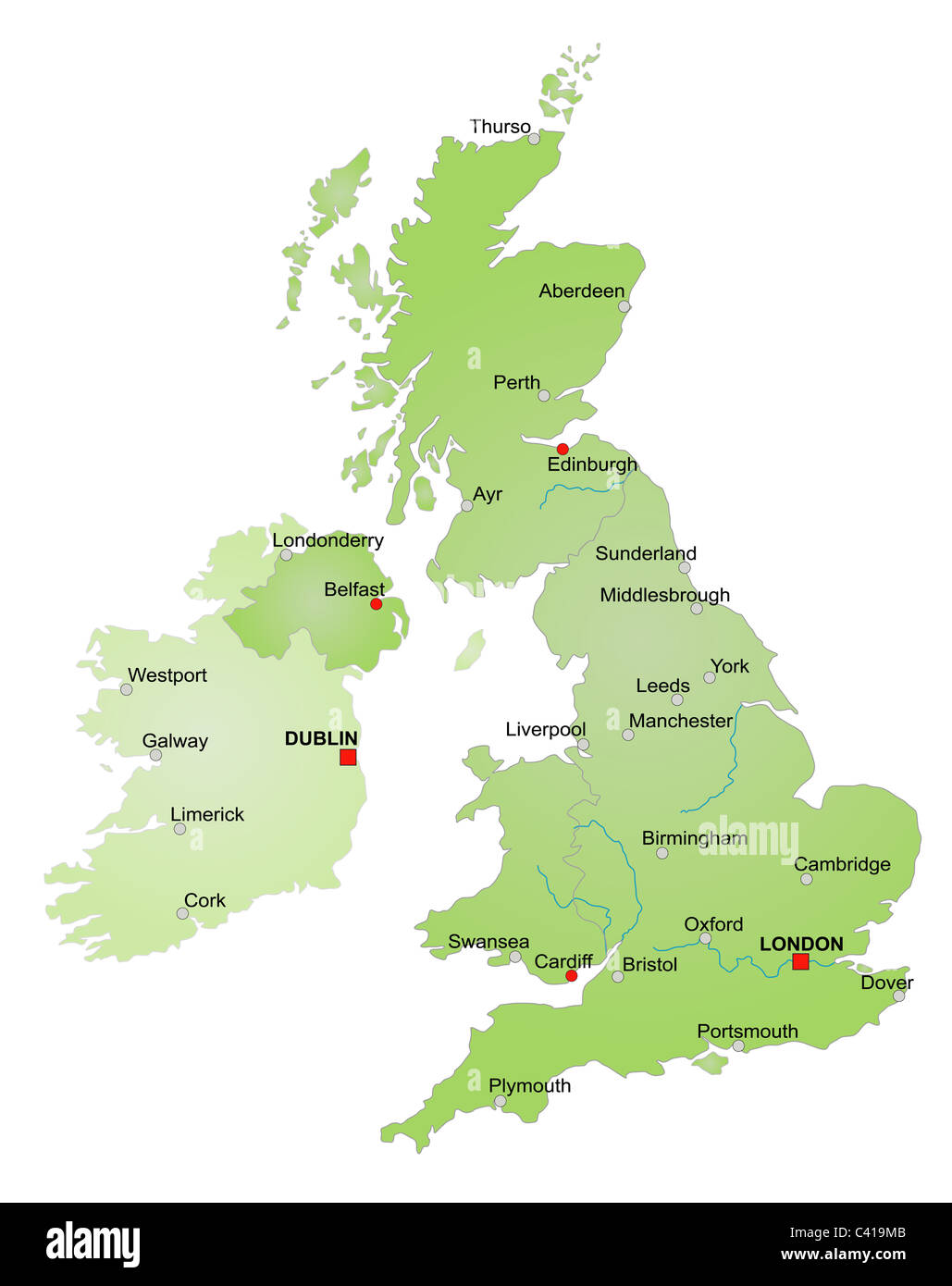 Carte stylisée du Royaume-Uni montrant l'Angleterre, Pays de Galles, Ecosse, Irlande du Nord et l'Irlande. Le tout sur fond blanc. Banque D'Images