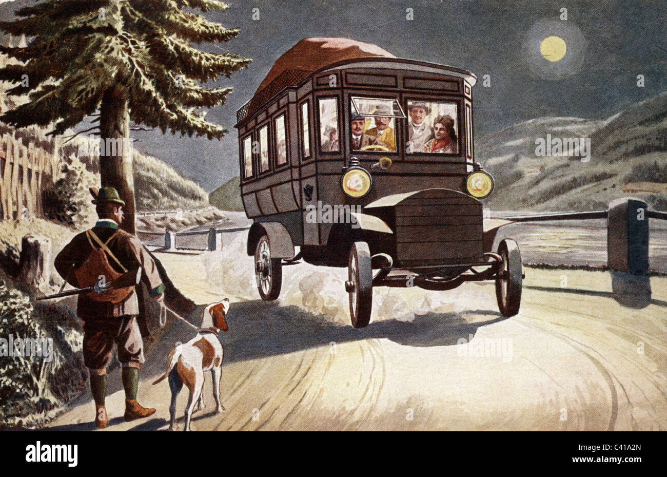 Transport / transport, voiture, omeleries, bus postal de l'Imperial Austrian et Royal Bohemian automobile Mail, dessin, carte postale, 1908, droits additionnels-Clearences-non disponible Banque D'Images