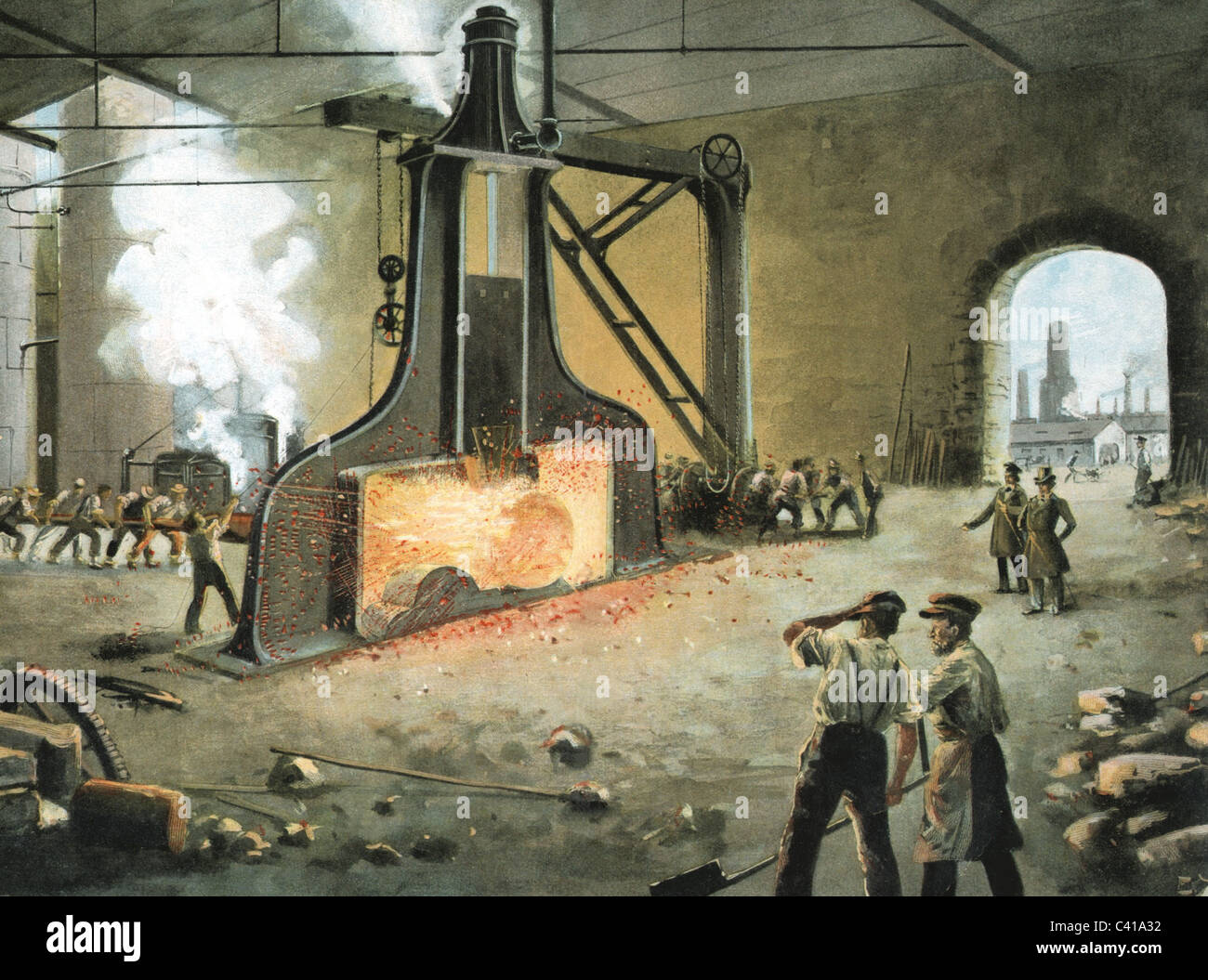 Industrie, métal, traitement du métal avec marteau à vapeur par James Nasmyth, gravure de bois, coloré, 1842, droits additionnels-Clearences-non disponible Banque D'Images