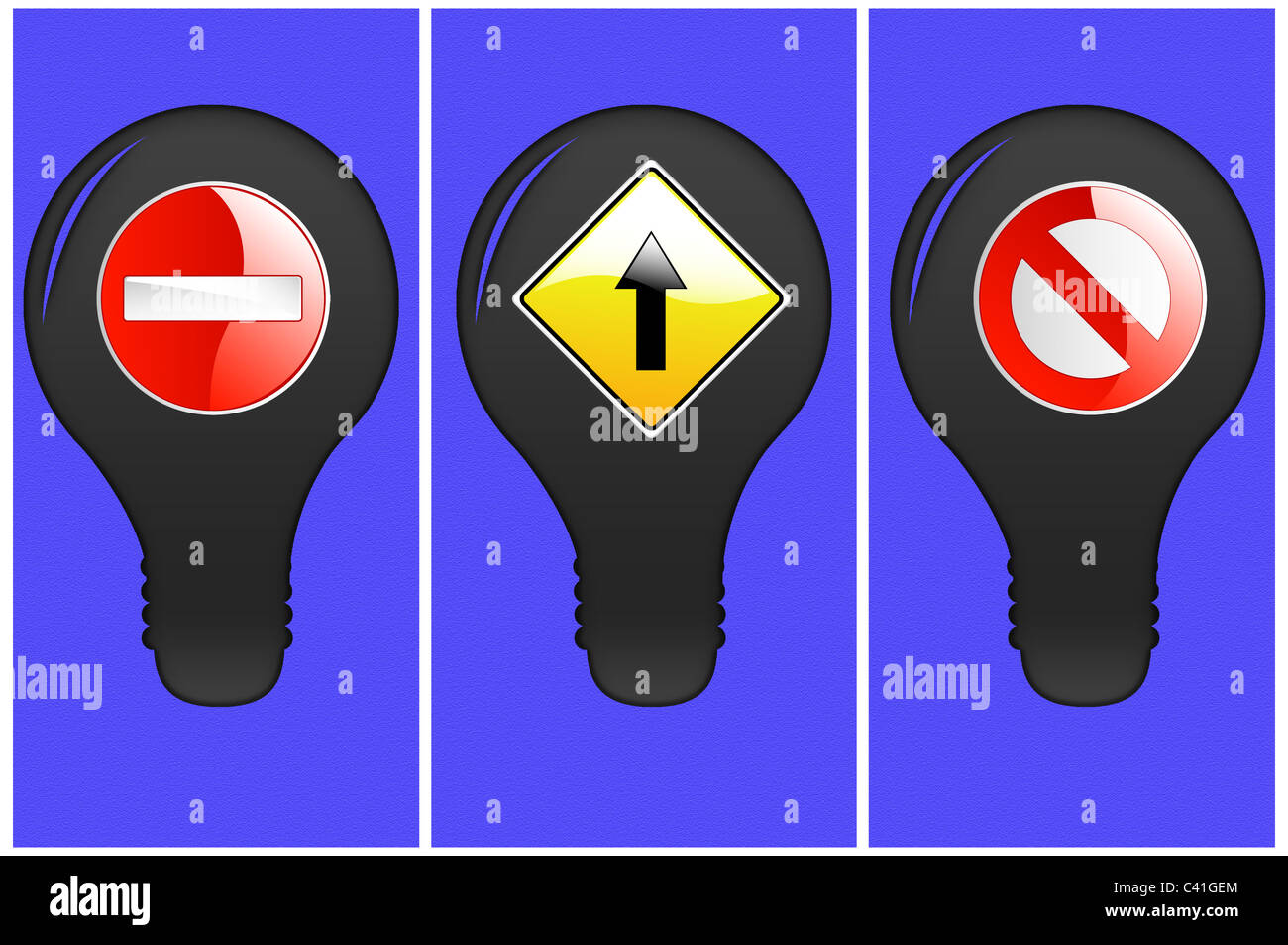 Trois figures d'un triptyque sur l'ampoule avec l'image de la signalisation routière. Banque D'Images