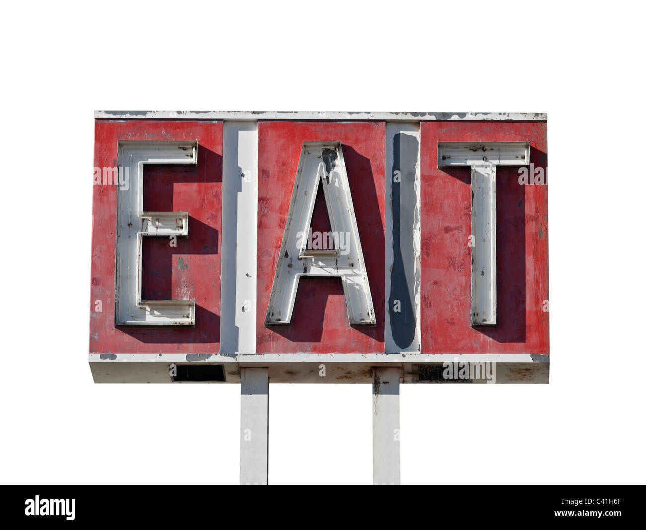 Manger sign ruine le long d'une route désertique de Californie. Banque D'Images