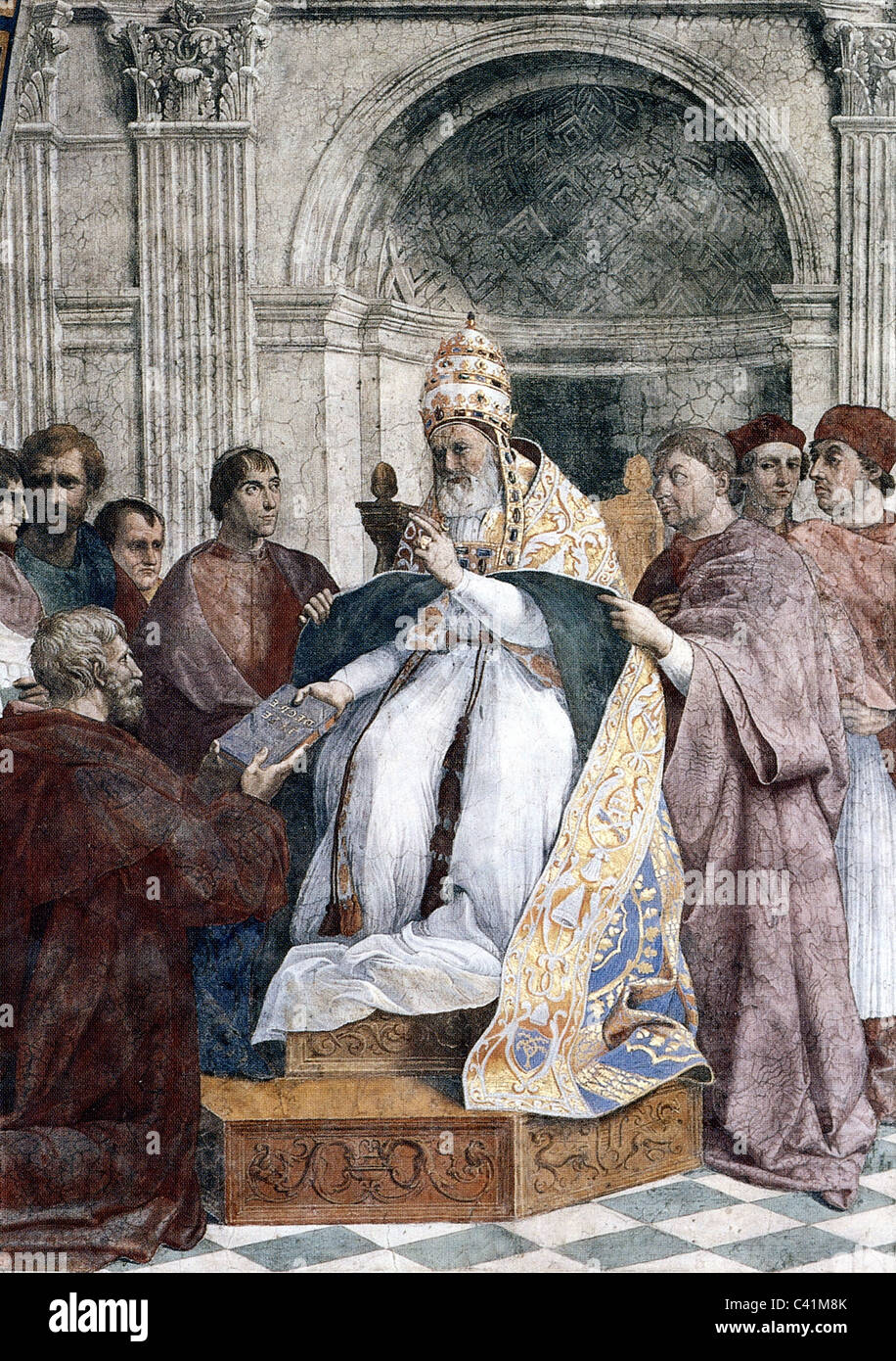 Gregory IX (Ugolino di Conti), vers 1170 - 22.8.1241, Pape 1227 - 1241, scène, reconnaissant les Decretels, fresque de Raphaël (1483 - 1520), Strophe della Segnatura, Banque D'Images