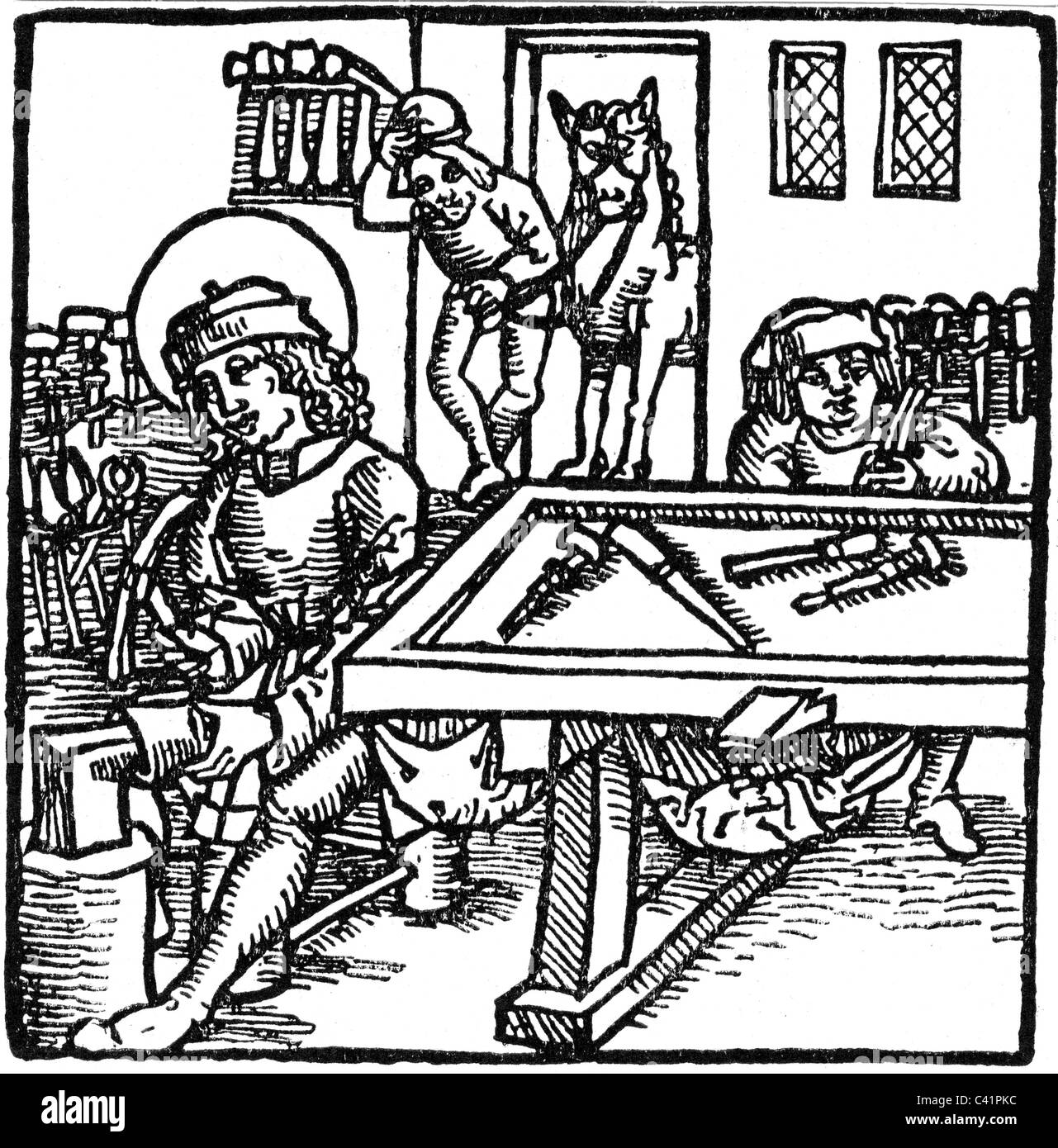 Eligius, vers 588 - 1.12.660, artisan français et clergyman, Saint, dans son atelier d'orfèvre, coupe du bois, 'Legenda aurea ausive historia lombardica' par Jacobus de Voragine, imprimé par Steffen Arndes, Luebeck, 1499, , Banque D'Images