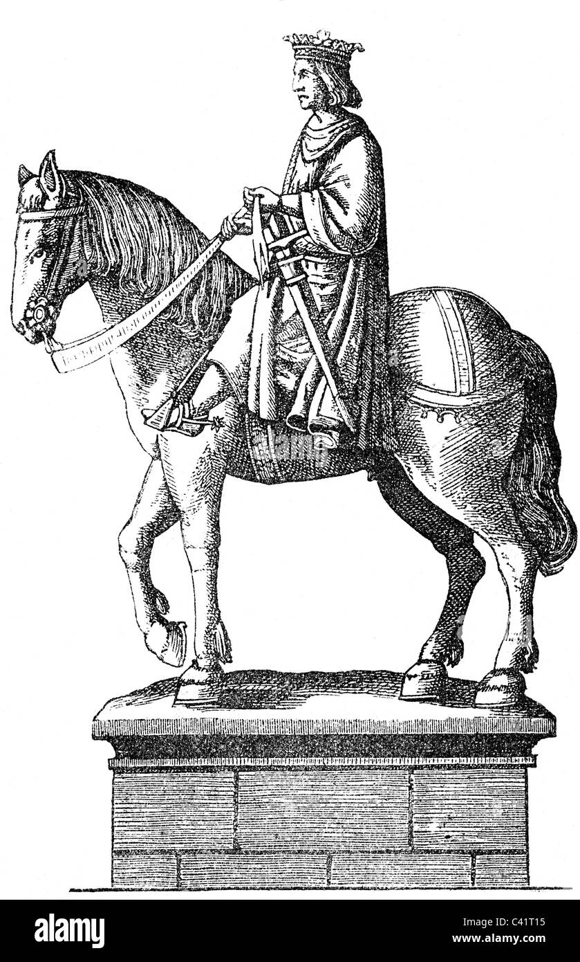 Clovis I, vers 466 - 27.11.511, roi des Francs 482 - 511, image équestre, statue d'Erwin von Steinbach, vers 1290, portail du Strassbourg Minster, gravure sur bois, XIXe siècle, Banque D'Images
