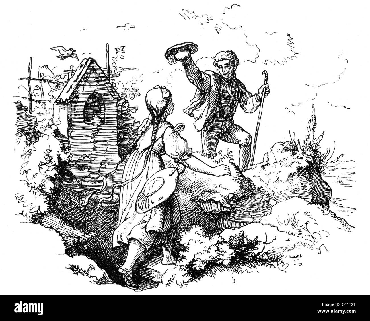 Hebel, Johann Peter, 10.5.1760 - 22.9.1826, auteur / écrivain allemand, œuvres, Alemannische Gedichte (1803), illustration, gravure sur bois après dessin de Ludwig Richter, 1851, , Banque D'Images
