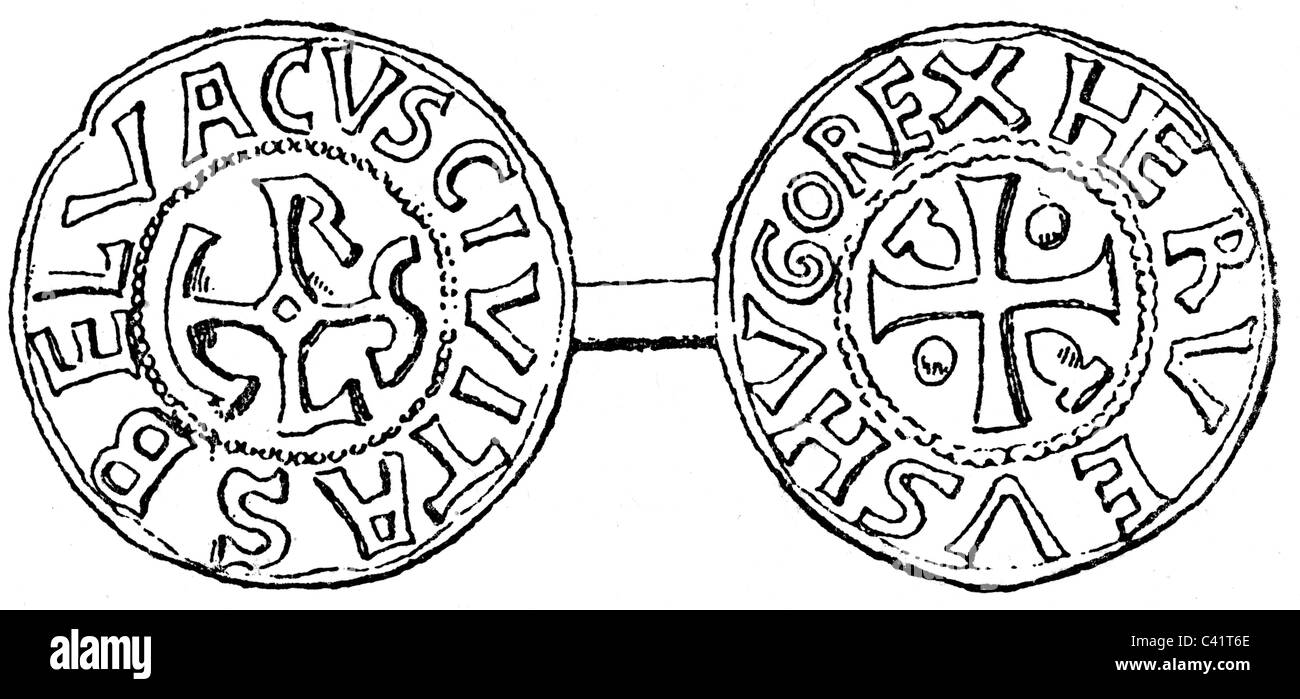 Monnaie, pièces, France, pièce de l'époque du roi Hugo Capet (régné 987 - 996), gravure en bois, 19e siècle, numismatique, Francia occidentale, Empire de Franconie occidentale, dynastie capétienne, Moyen âge, 10ème siècle, historique, historique, médiéval, droits additionnels-Clearences-non disponible Banque D'Images