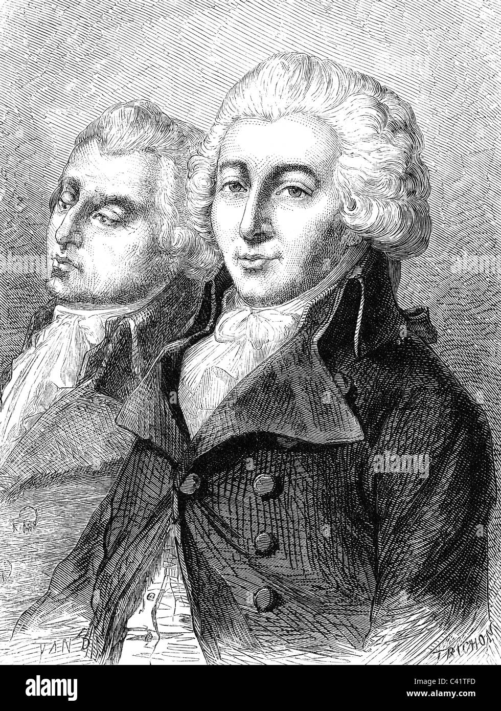 Gensoné, Armand, 10.8.1758 - 31.10.1793, politicien français, président de la Convention nationale 7.- 21.3.1793, avec Gauvan Gallois, demi-longueur, gravure sur bois, XIXe siècle, , Banque D'Images