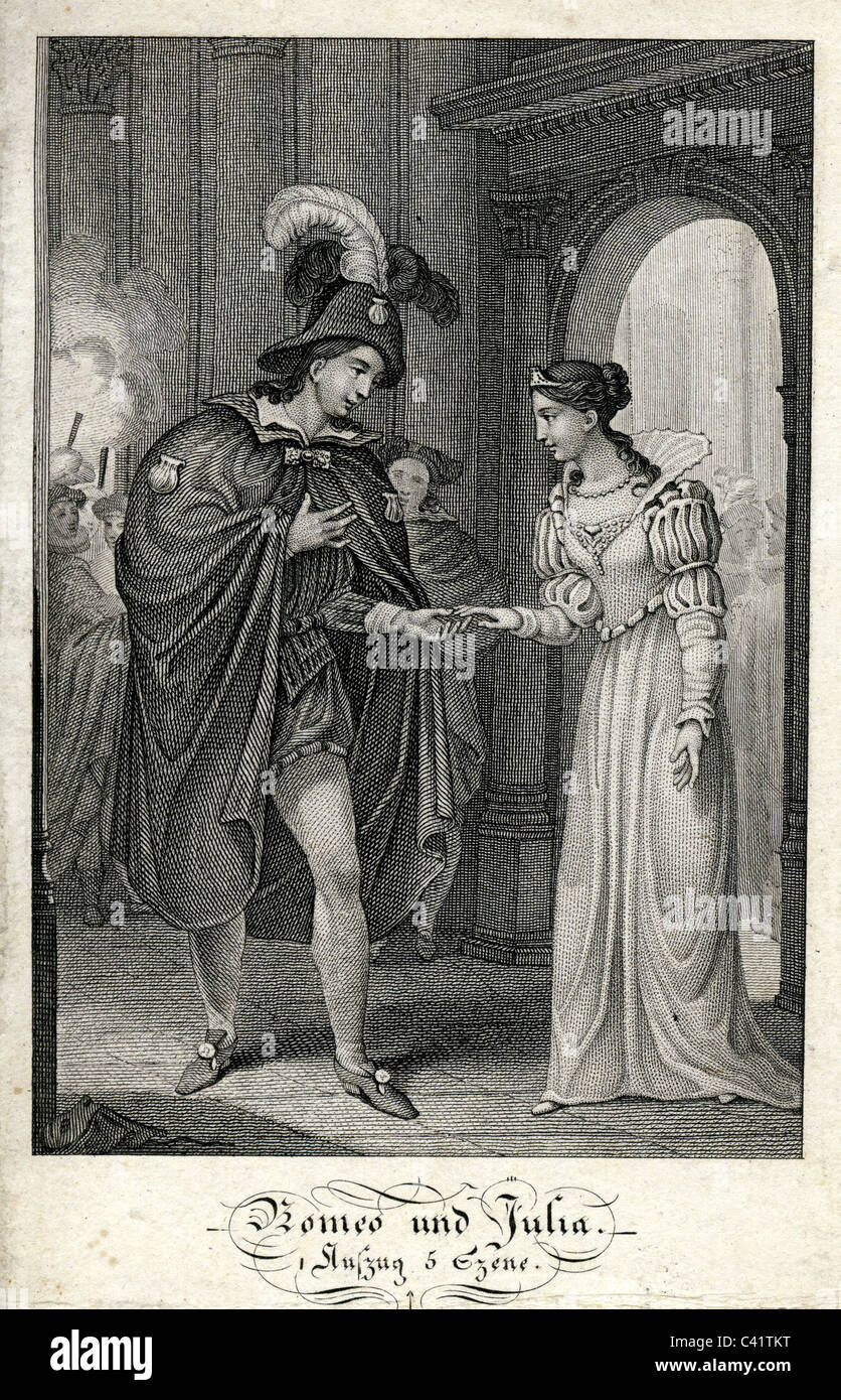 Shakespeare, William, 23.4.1564 - 23.4.1616, poète anglais, travaux publics, 'Roméo et Juliette' (1595), 1er, 5e acte, scène Roméo rejoint Juliette, gravure sur acier, Allemagne, début du xixe siècle, l'artiste a le droit d'auteur , de ne pas être effacé Banque D'Images