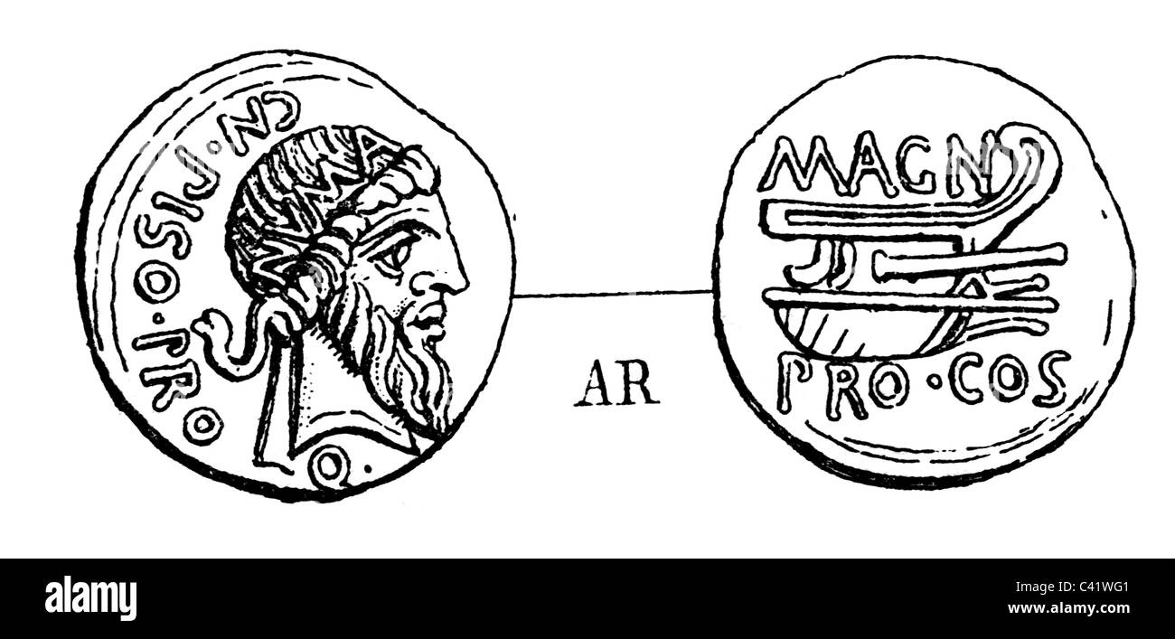 Monnaie, pièces, Empire romain, denarius, menthe armée en Grèce, b mandataire du proquesteur Cnaeus Calpurnius Piso, 49/48 av. J.-C., portrait du roi Numa Pompilius, gravure en bois, 19e siècle, Romains, république, pièce, guerre civile, historique, historique, monde ancien, peuple, droits additionnels-Clearences-non disponible Banque D'Images