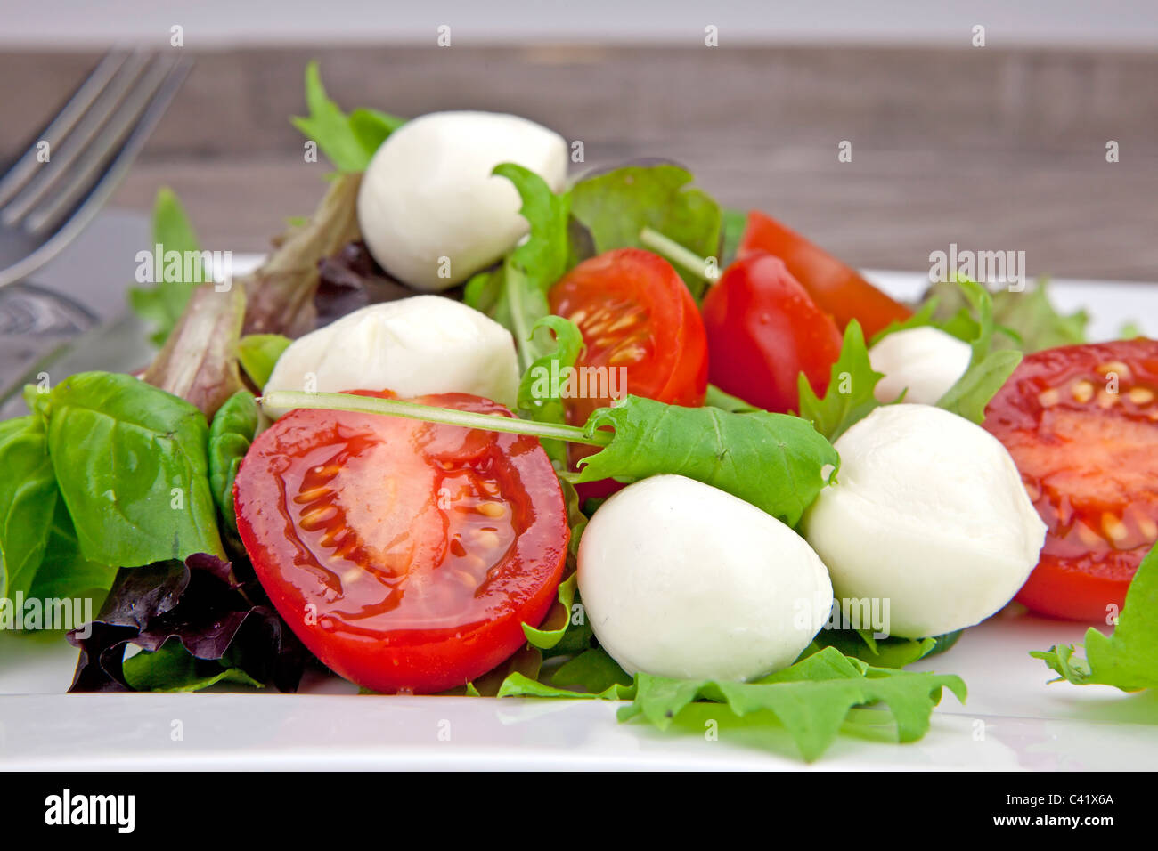 Tomate et mozzarella avec de la laitue sur une assiette blanche Banque D'Images
