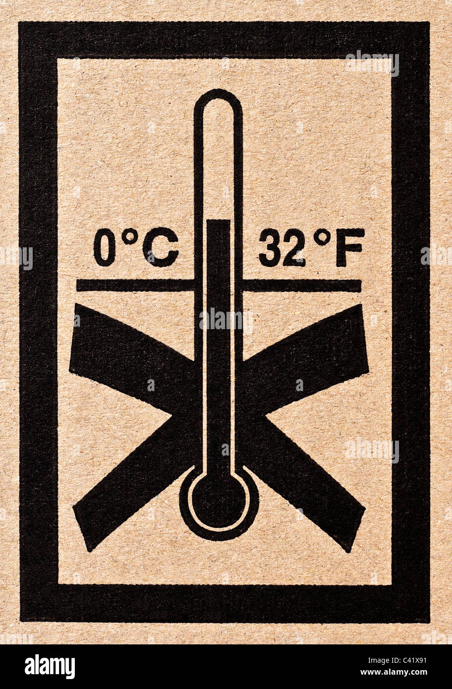 Boîte en carton de l'information température minimales internationalement reconnues. Banque D'Images