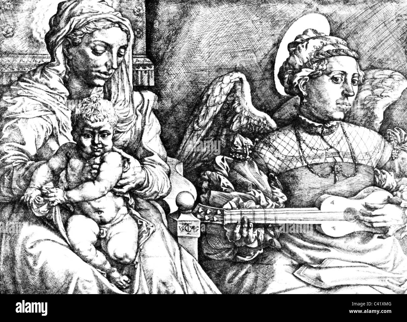 La religion, Vierge Marie, Vierge et un ange de faire de la musique, gravure sur cuivre après peinture de Jan Cornelisz Vermeyen, 1545, l'artiste n'a pas d'auteur pour être effacé Banque D'Images