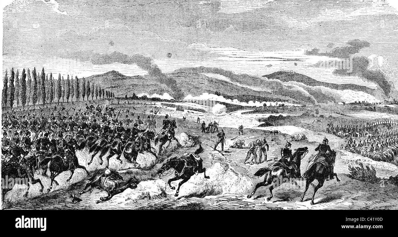 Evénements, Guerre franco-prussienne 1870 - 1871, bataille de Noisseville, 31.8.- 1.9.1870, avance des lanceurs prussiens, gravure de bois, fin du XIXe siècle, allemand, cavalerie, Prusse, France, Lorraine, Allemagne, franco-prussienne, historique, historique, peuple, droits additionnels-Clearences-non disponible Banque D'Images