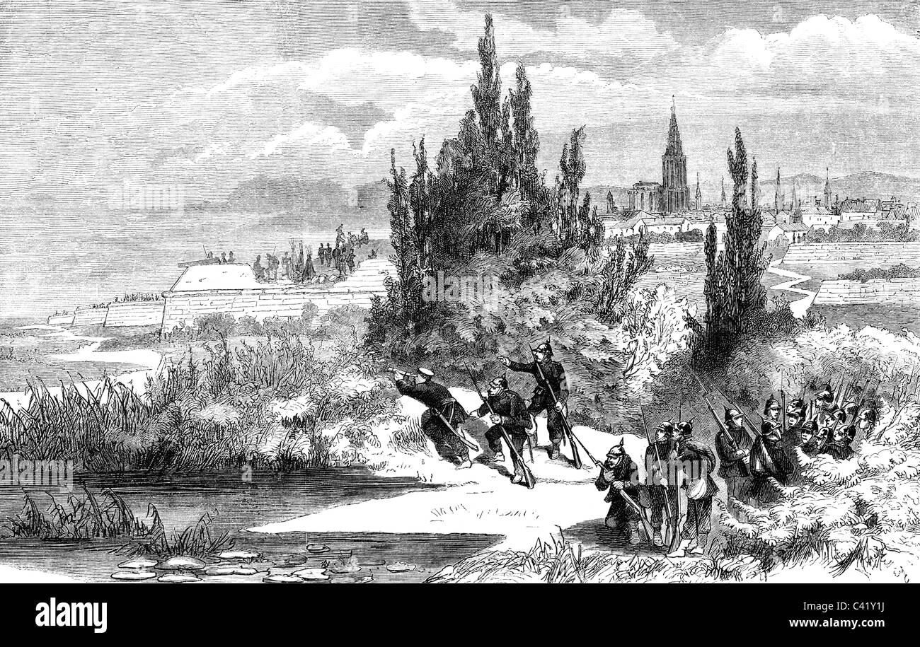 Événements, Guerre franco-prussienne 1870 - 1871, Siège de Strassbourg, 15.8. - 28.9.1870, piquetage prussien, gravure de bois après gravure par J. Kraemer, 1870, Prusse, incanterie, forteresse, reconnaissance, franco Prusse, Alsace, France, Allemagne, 19e siècle, historique, historique, peuple, droits additionnels-Clearences-non disponible Banque D'Images