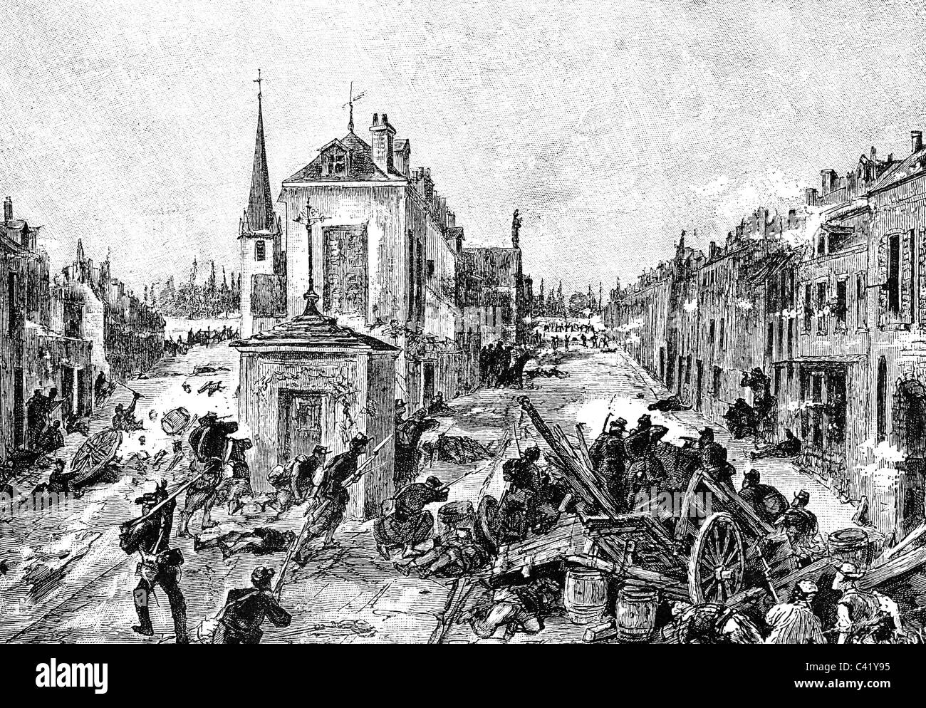 Evenements Guerre Franco Prussienne 1870 1871 Bataille De Chateaudun 18 10 1870 Barricade Francaise Dans La Rue Gravure En Bois Fin Du Xixe Siecle Soldats France Infanterie Ville Centre Franco Prussien Historique Historique Chateaudun