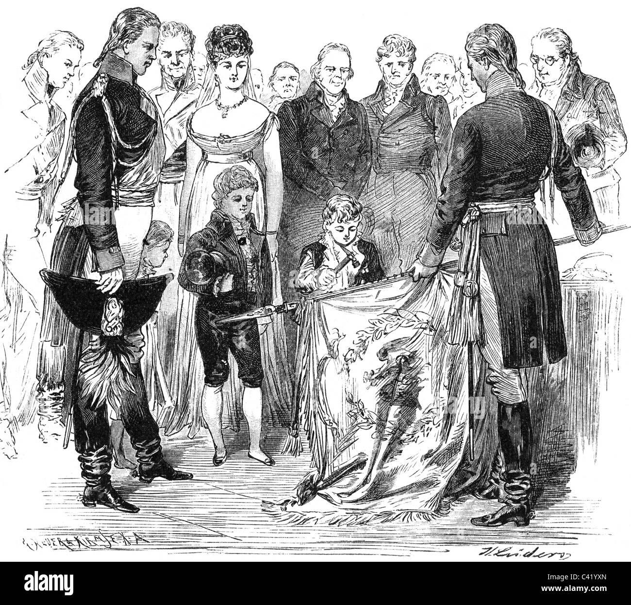 William I, 22.3.1797 - 9.3.1888, Empereur allemand 18.1.1871 - 9.3.1888, roi de Prusse 2.1.1861 - 9.3.1888, conduisant un clou dans la couleur régimentaire présentée à la Reine Louise par la ville de Luisenstadt, 1806, gravure sur bois, 2ème moitié du 19ème siècle, , Banque D'Images