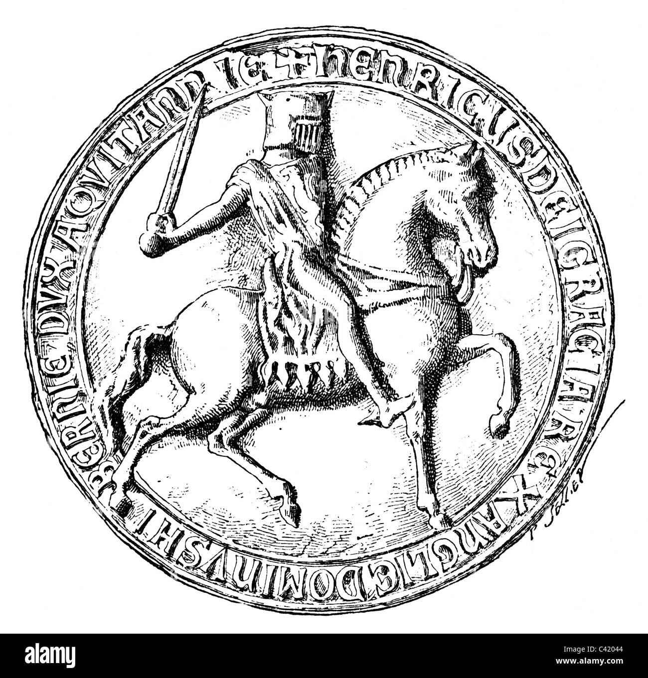 Henry III, 1.10.1207 - 16.11.1272, roi d'Angleterre 18.10.1216, sur cheval, phoque, gravure sur bois, XIXe siècle, Banque D'Images