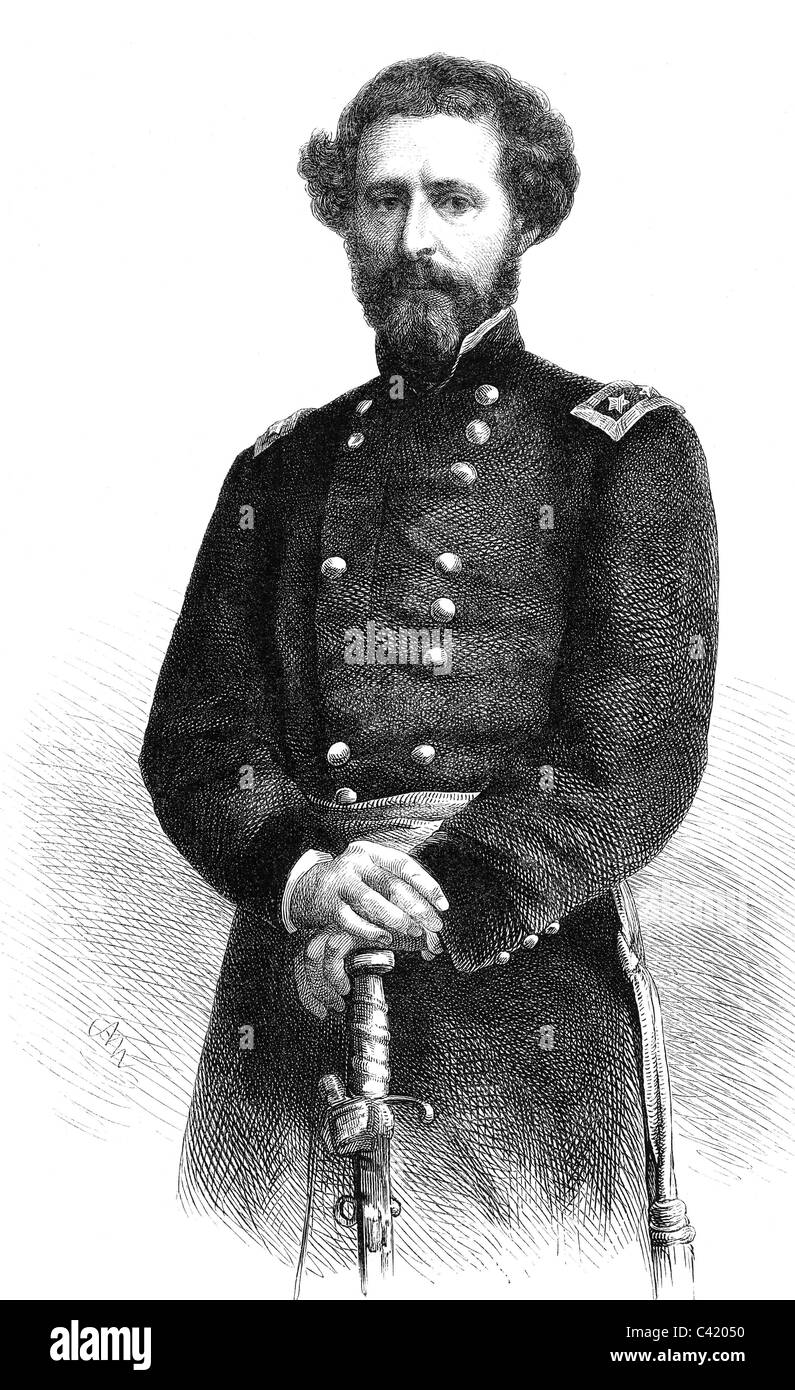 Fremont, John Charles, 21.1.1813 - 13.7.1890, général américain et explorateur, commandant général département de l'armée de l'Ouest 25.7.- 24.10.1861, demi-longueur, gravure sur bois, 1861, Banque D'Images