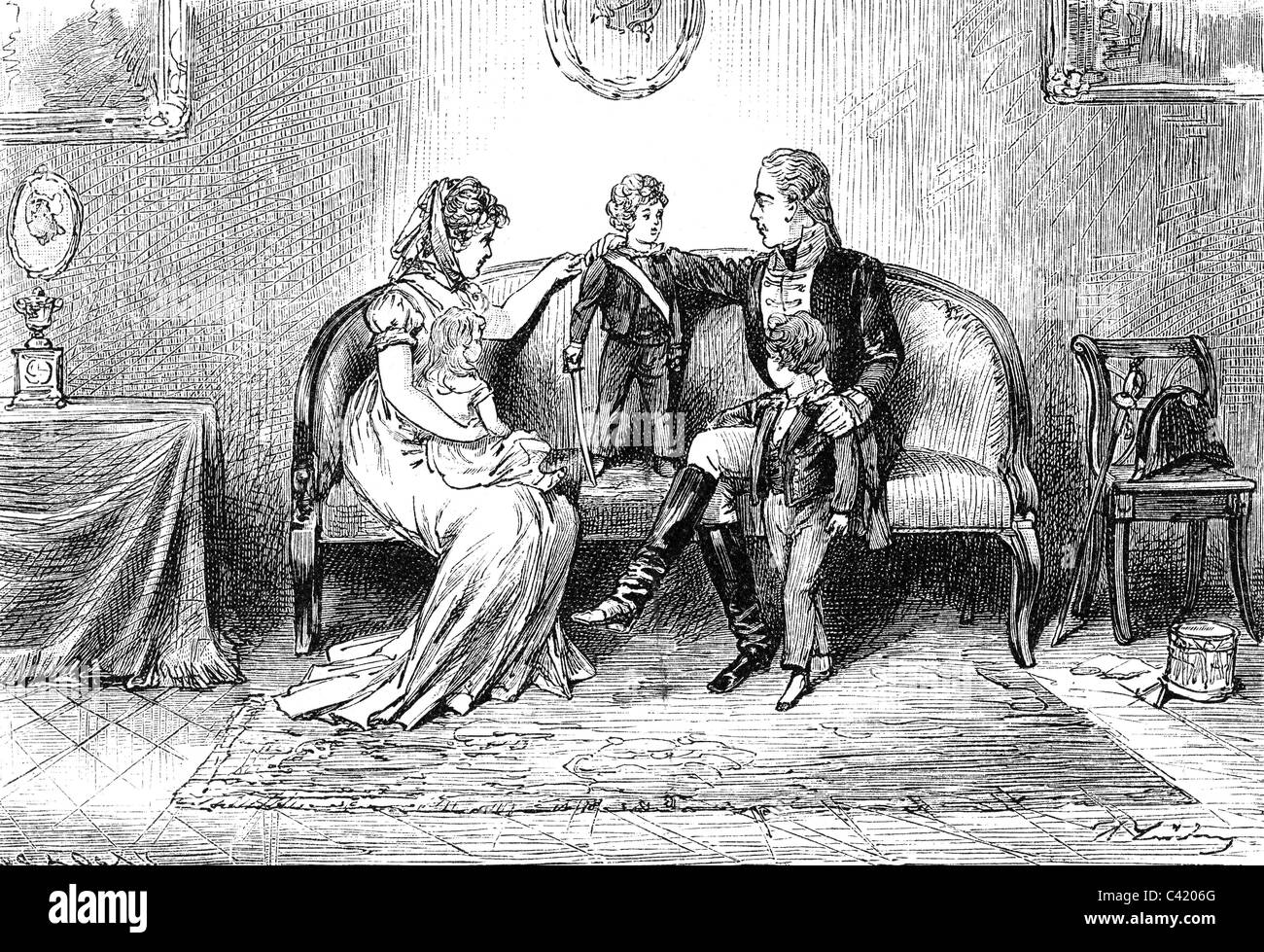 Frederick William III, 3.8. 1770 - 7.6.1840, roi de Prusse 16.11.1797 - 7.6.1840, avec femme Louise, fils prince héritier Frederick William (IV) et William (I), 1799, gravure sur bois, 2ème moitié du XIXe siècle, Banque D'Images