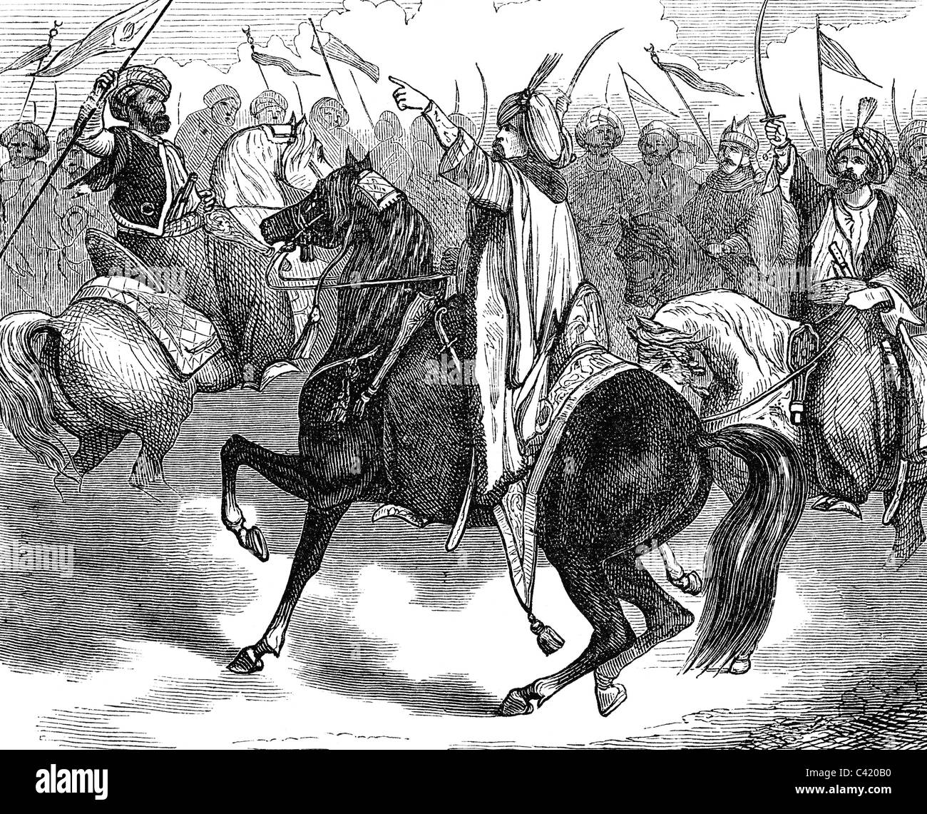 Murad Bey Muhammad, 1750 - 7.4.1801, émir de Mamluks, Duovir d'Egypte 1778 - 1798, discours à la cavalerie, 1798, gravure sur bois, XIXe siècle, Banque D'Images