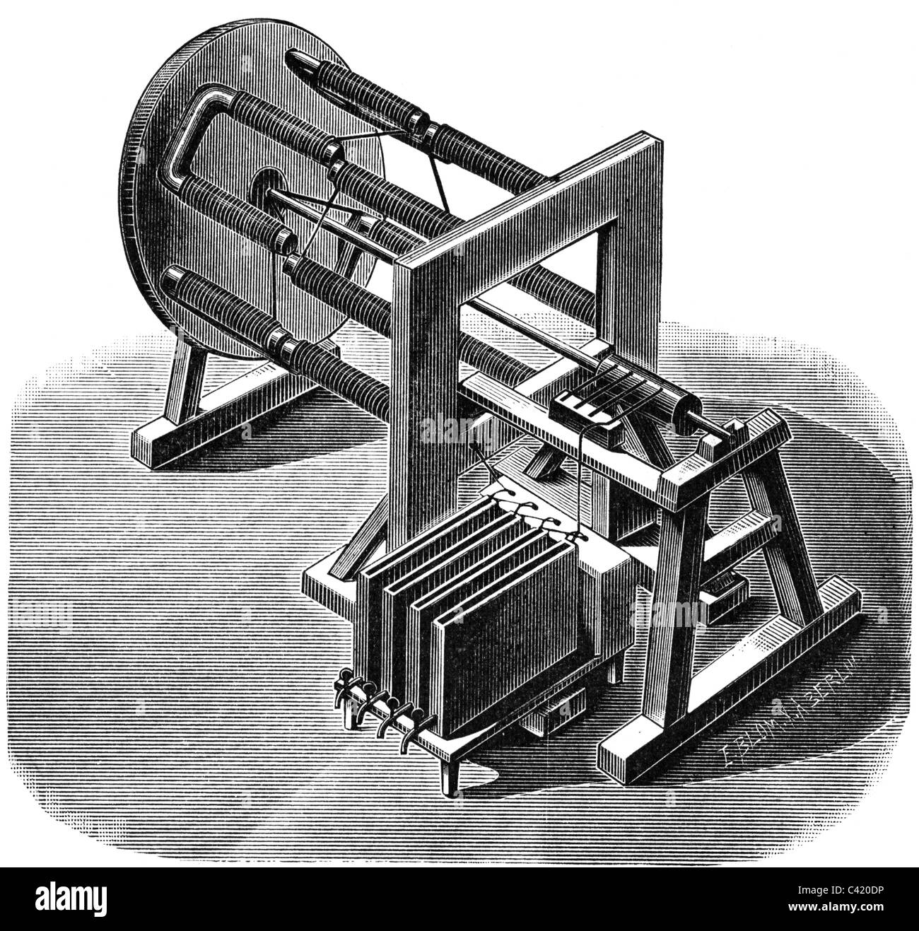 Jacobi, Moritz Hermann von, 21.9.1801 - 10.3.1874, ingénieur allemand, travaux, son moteur électromagnétique, conçu en 1834, gravure en bois, fin du XIXe siècle, Banque D'Images