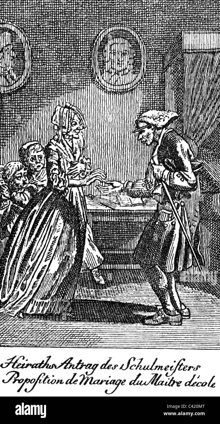 Personnes, couples, courtoire, 'proposition d'un maître d'école', gravure de la série 'propositions' de Daniel Chodowiecki, 1781, droits additionnels-Clearences-non disponible Banque D'Images