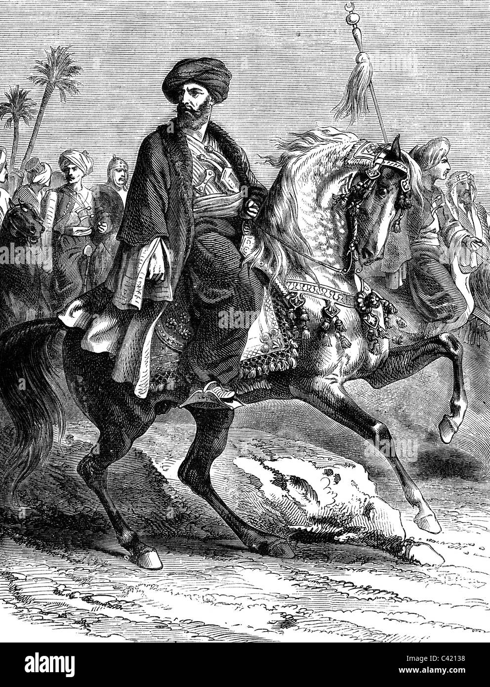 Murad Bey Muhammad, 1750 - 7.4.1801, émir de Mamluks, Duovir d'Egypte 1778 - 1798, en tête de la cavalerie, 1798, gravure en bois, XIXe siècle, Banque D'Images