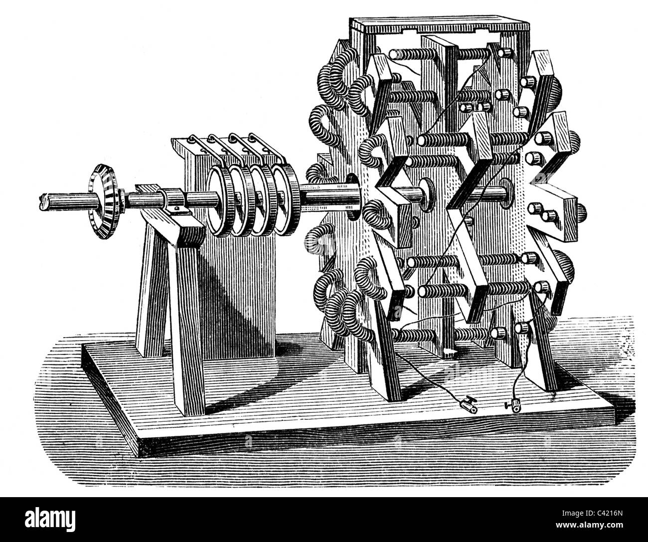Jacobi, Moritz Hermann von, 21.9.1801 - 10.3.1874, ingénieur allemand, travaux, moteur électromagnétique, utilisé pour alimenter un bateau sur la rivière Neva en 1838/1839, gravure en bois, fin du XIXe siècle, Banque D'Images