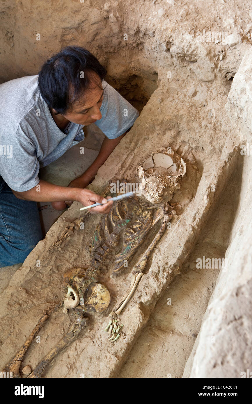 Archéologue José Bonilla Sanchez excavating numéro 16 tombe de haut officier militaire. Banque D'Images