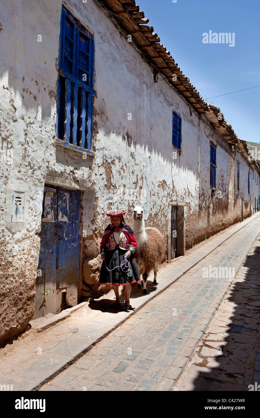 Pérou, Cusco, Cuzco, vieille femme indienne avec llama dans le district de San Blas. UNESCO World Heritage Site. Banque D'Images