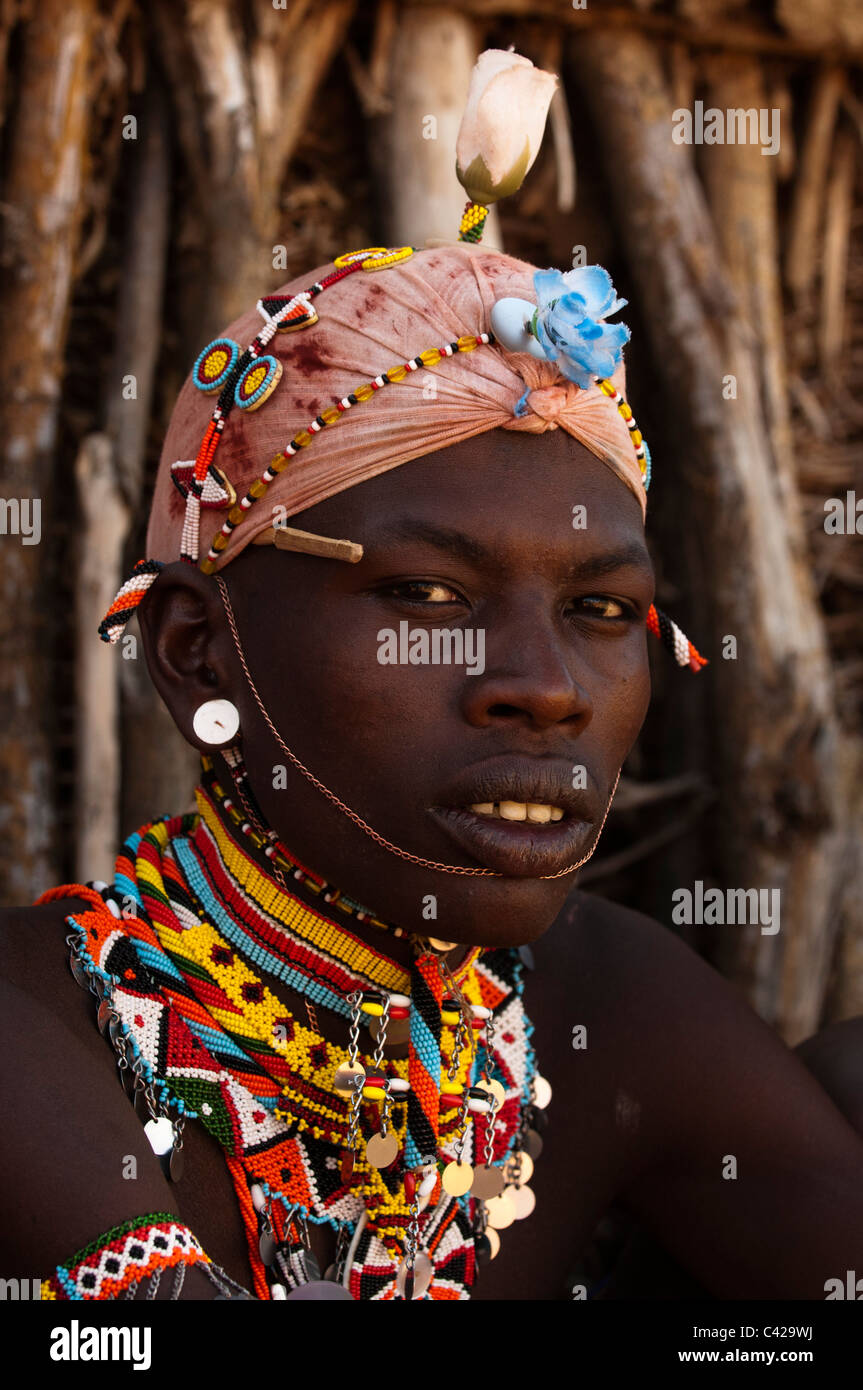 Membre de la tribu Samburu, Loisaba Wilderness Conservancy, Laikipia, Kenya. Banque D'Images