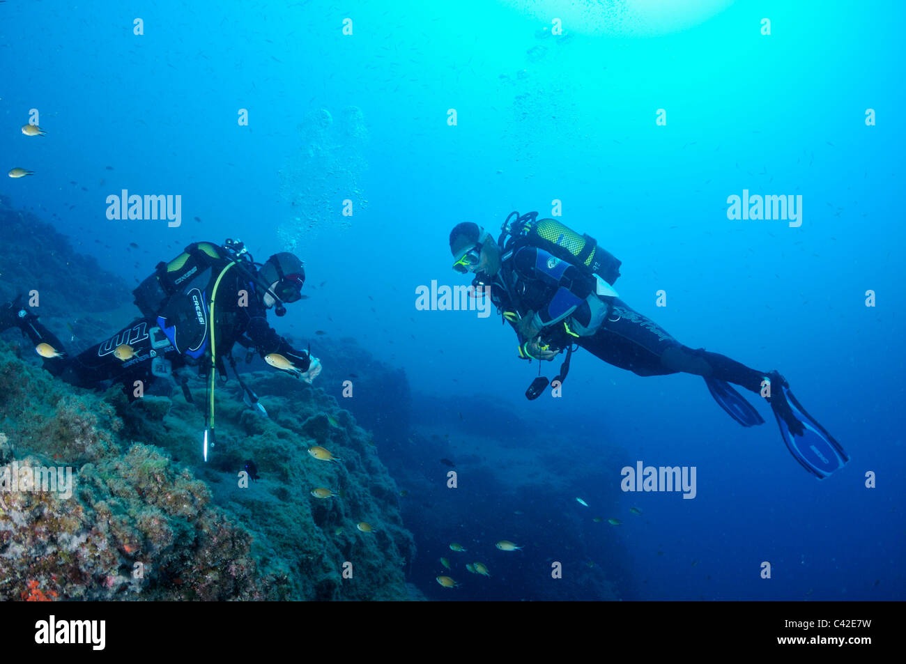 Les plongeurs en eau sur mur profond, Lanzarote, Canaries Banque D'Images