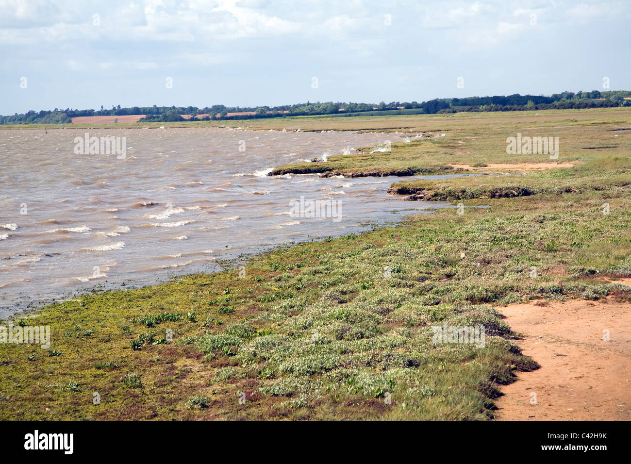 Des vents forts créer des vagues à l'origine de l'érosion de la rivière Deben de schorres en amont à Bawdsey, Suffolk, Angleterre Banque D'Images