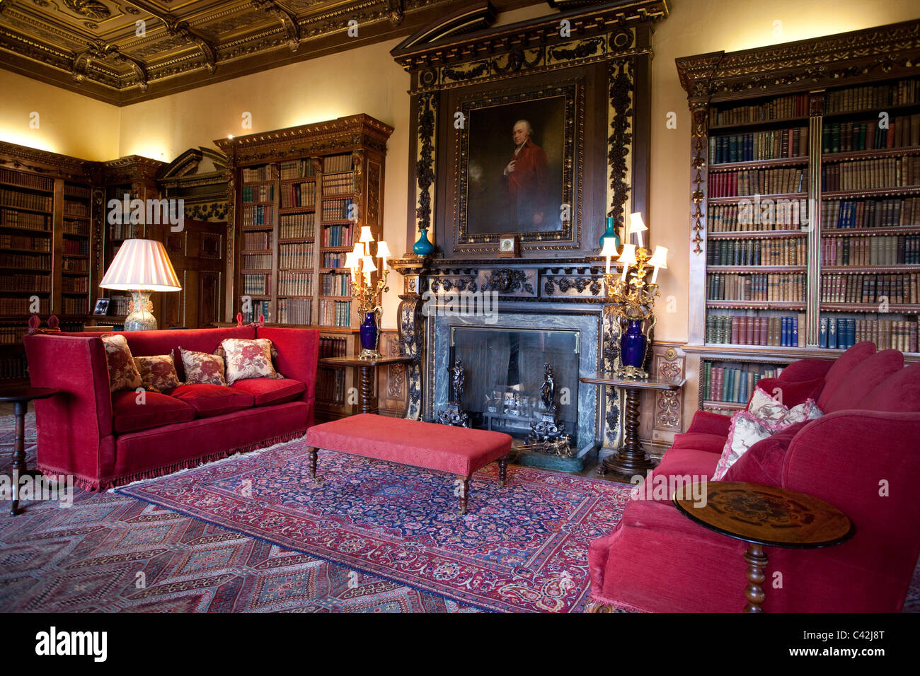 La bibliothèque double à l'intérieur de Château de Highclere, Newbury, Berkshire, Angleterre, Royaume-Uni. Photo:Jeff Gilbert Banque D'Images