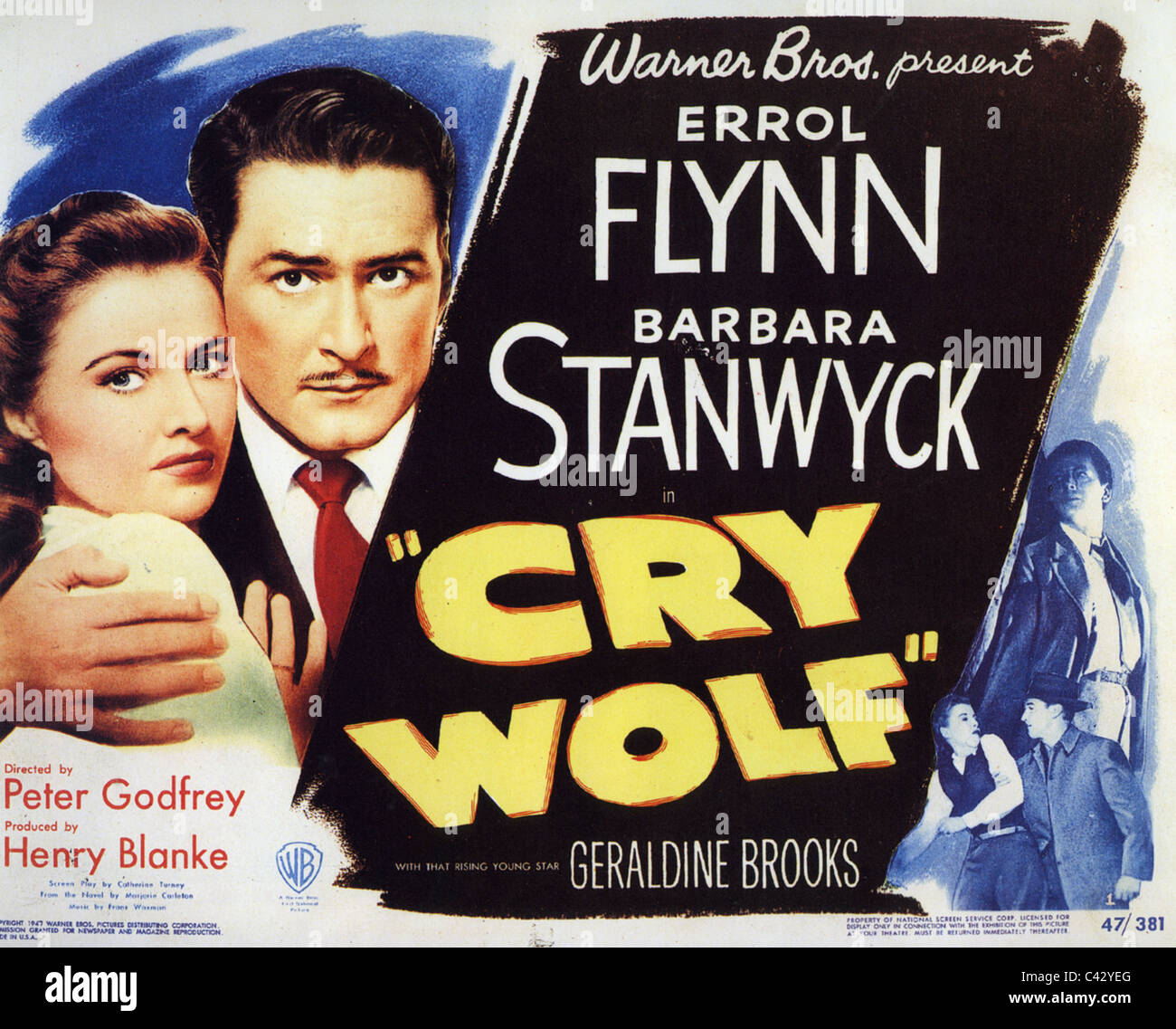 CRY WOLF Poster pour Warner Bros 1947 film avec Errol Flynn et Barbara Stanwyck Banque D'Images