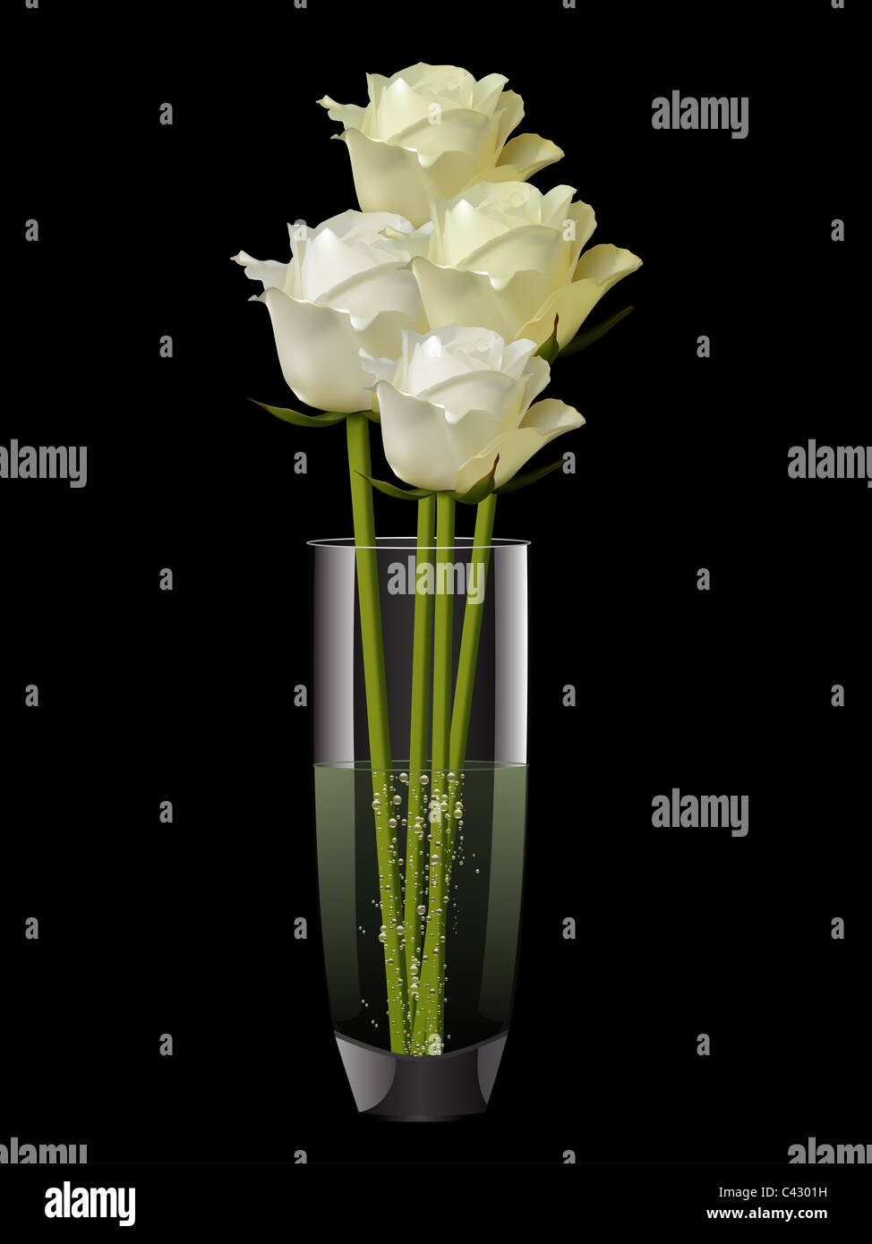 Blanc et ivoire roses dans un vase en verre sur un fond noir Banque D'Images