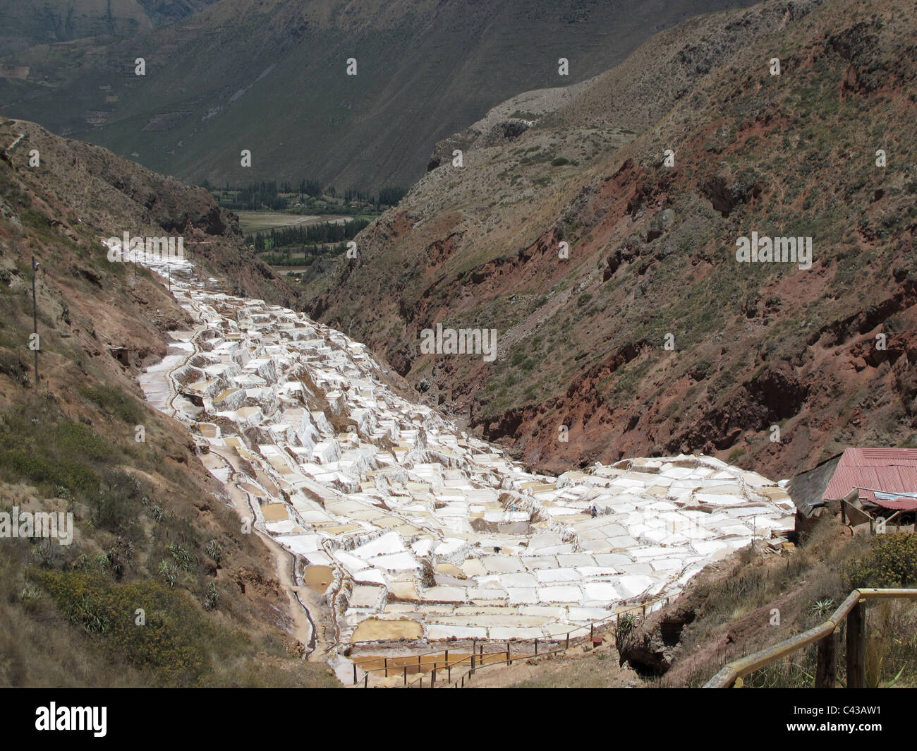Salinas de maras, les étangs d'eau salée en terrasses à flanc de montagne, sur la vallée de l'Urubamba, au Pérou Banque D'Images