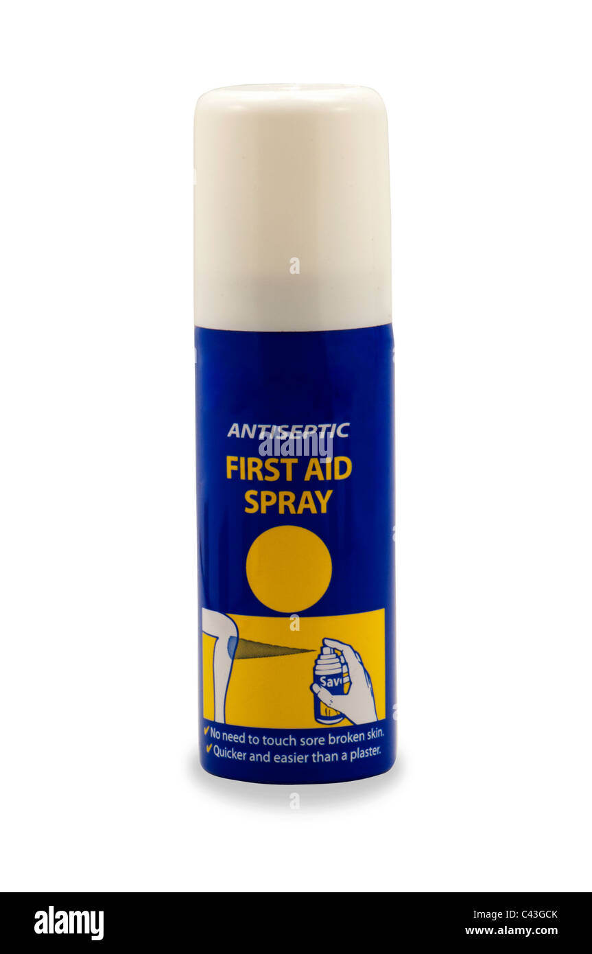 First aid spray antiseptique prurit douleur soulagement dans fond blanc Banque D'Images